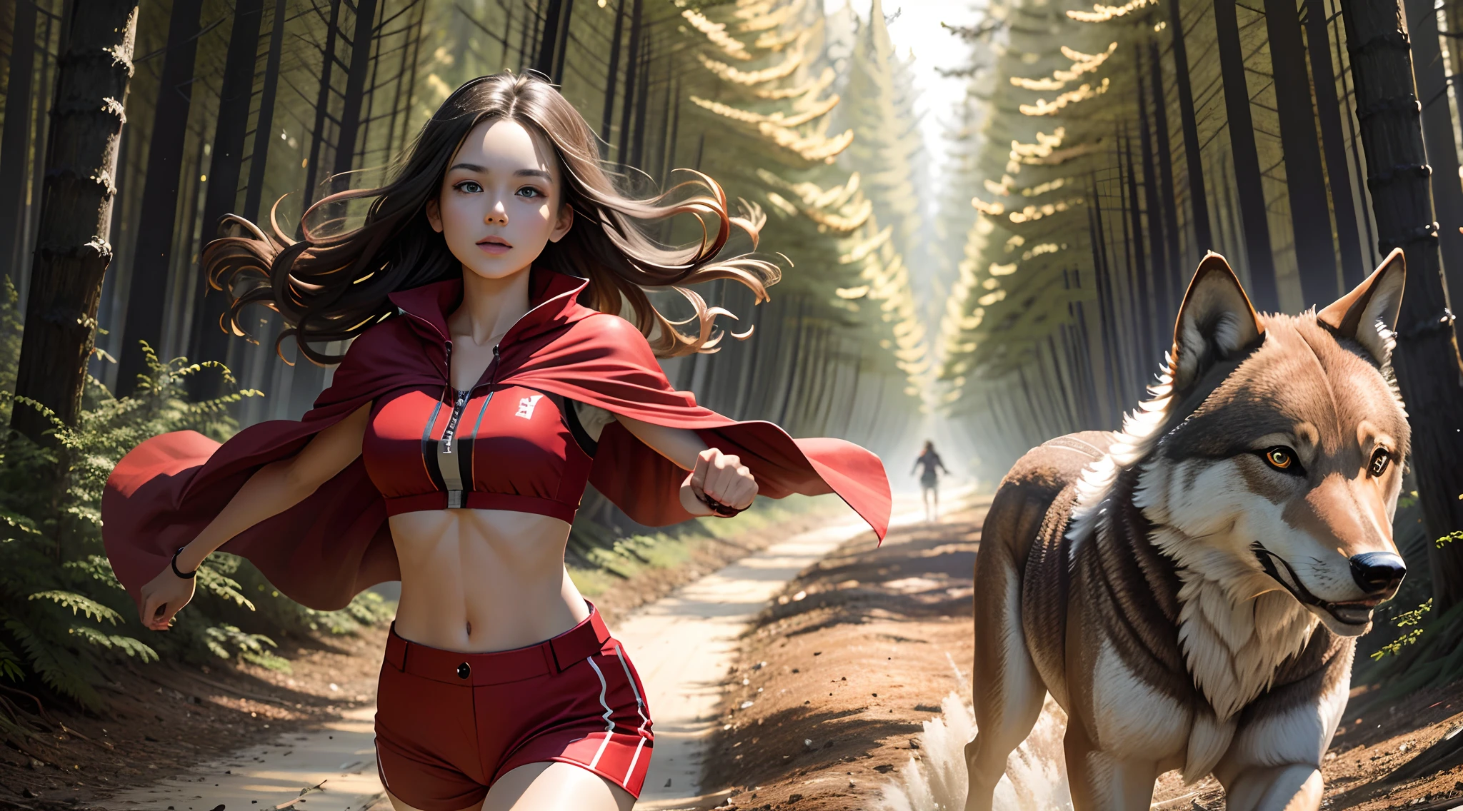 Brunette girl in red cape,A brown wolf,running in the forest