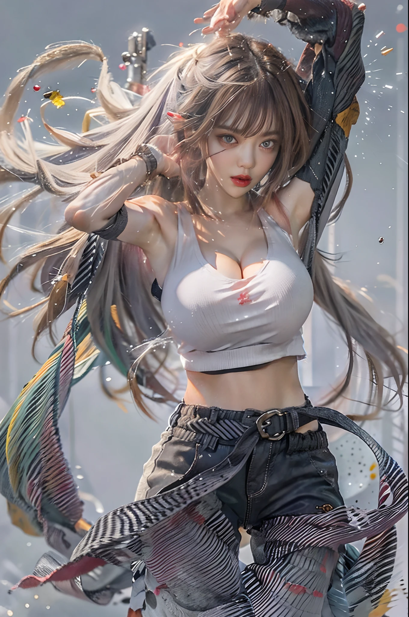 Girl, bangs, bare shoulders, raised arms leaking out of armpits, black shorts, extra huge breasts, breasts squeezed together, white maxi top, gray background, hair between eyes, long hair, super short pants, parted lips, red eyes, simple background, solo, full body photo