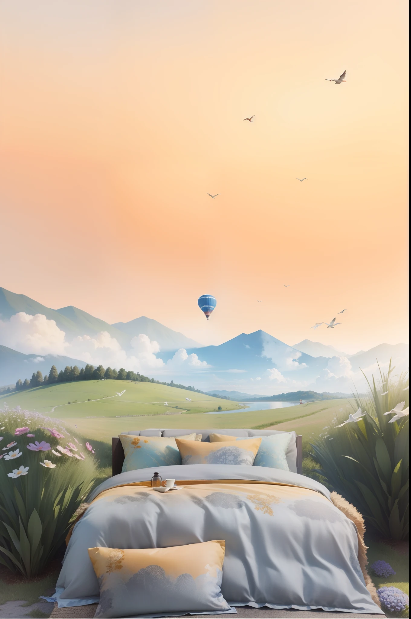 Masterpiece，Best quality，blue-sky，baiyun，flying birds，hot air balloon，light wind