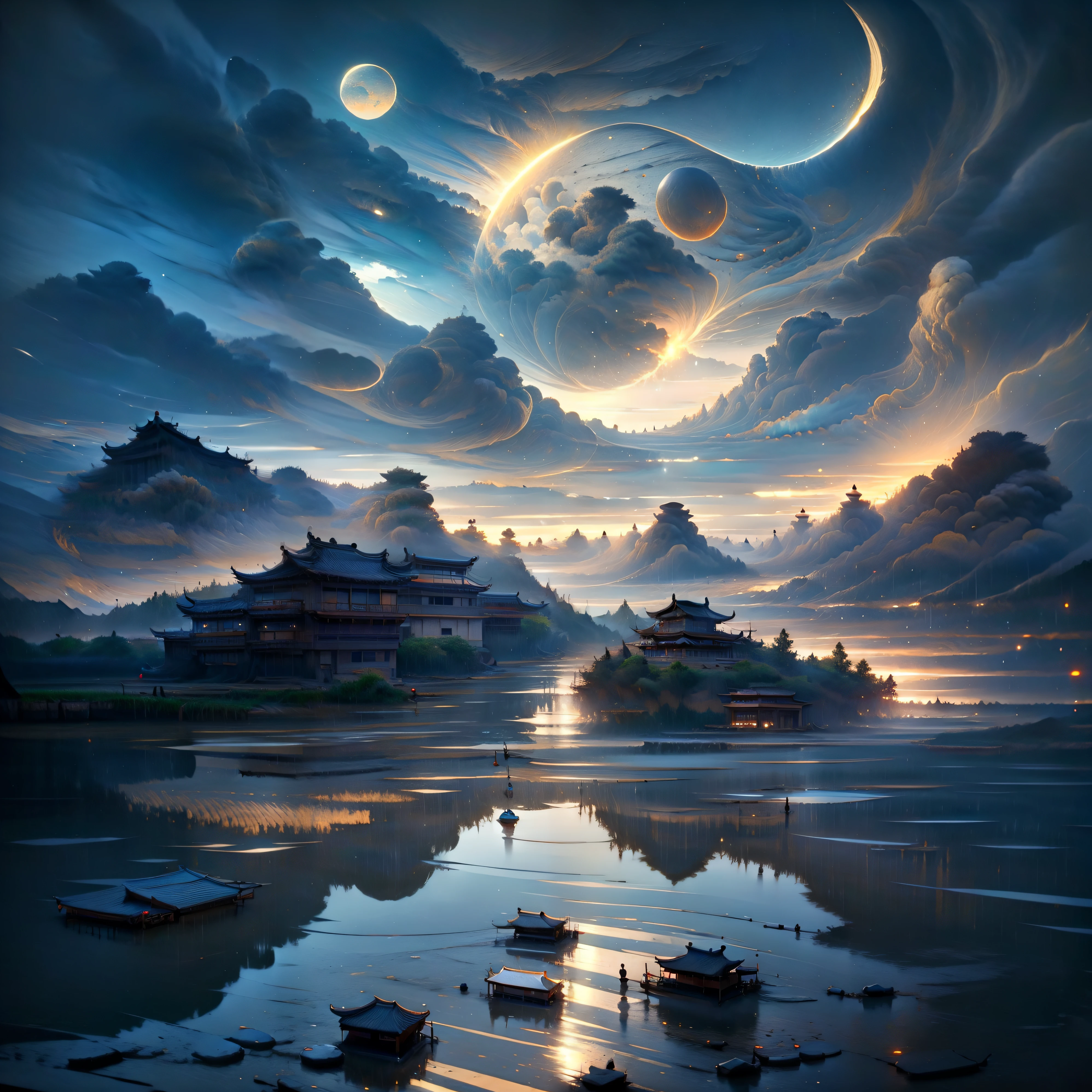 arafed view of a village with a lot of lights on the buildings, dreamy chinese town, chinese village, amazing wallpaper, japanese town, japanese village, hyper realistic photo of a town, old asian village, japanese city, by Raymond Han, rainy evening, cyberpunk chinese ancient castle, beautifully lit buildings, at evening during rain, beautiful and aesthetic, photography, cinematic, 8k, high detailed ((Heavy rain)))