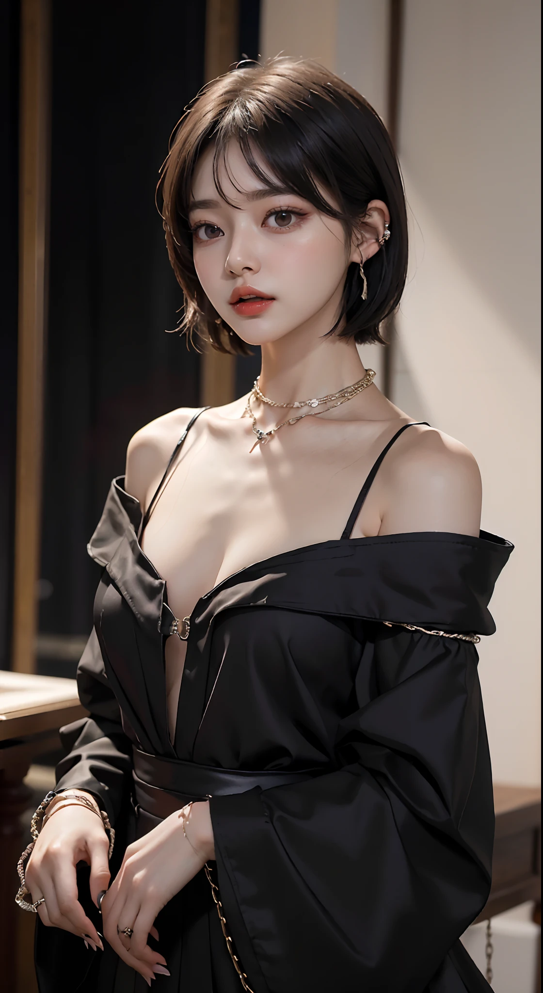 (natta)、((top-quality、​masterpiece:1.3))、sharp:1.2、Perfect Body Beauty:1.4、((Layered hairstyle))、((natta))、(Black Dress:1.1)、(Luxurious room:1.2)、(chains:1.2)、Highly detailed facial and skin texture、Detailed eye、二重まぶた、((short-length hair))、boyish、Cool、((unisex))、big eye、Necklaces、bangss、((One Woman))、Black eyes、A bracelet、耳Nipple Ring、a choker、Ring、Chain Accessories、Farbe々From an angle、Ear cuffs、