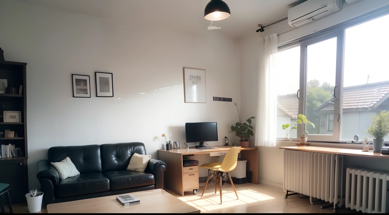 white walls、Desk and PC、bet、The table、sofas