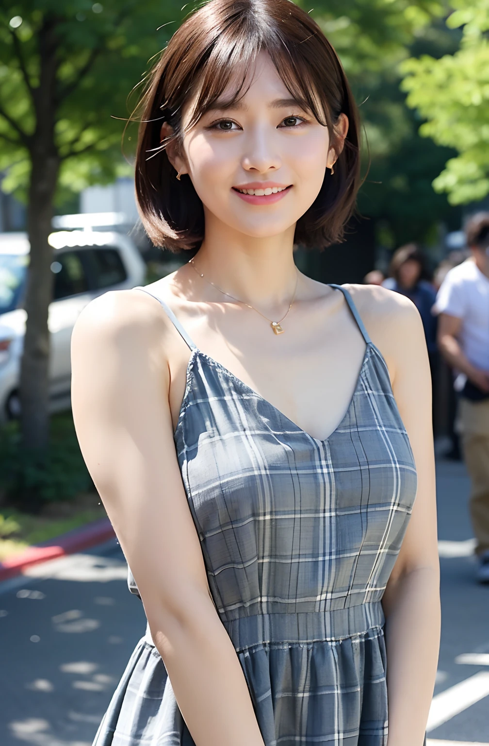 ((8K:1.27)、top-quality、​masterpiece、超A high resolution:1.2)Photo Beautiful Japan woman(pleasing:1.1) Elegance、There is a good、Gradient lighting、1girl in、Delicate skin、Look here、Brown-eyed、(short hair with bangs:1.2)、(breasts are large:1.0)、(medium areola:0.8)、(realisitic:1.4)、(top-quality:1.0)、(超A high resolution:1.0)、8K、Raw photography、(​masterpiece:0.2)、(pureerosface_v1:0.5)、 Knotted shoulder plaid dress、Thin shoulder straps、Spaghetti Straps、Plaid、Super mini length、multi colored、Gray color、Sleeveless、Round Neck、want me、Bring your chest together、Colossal tits、Staring at this、Omotesando in the morning、Street Trees、Stylish cityscape、subject、Lean、Look here、Laugh、Futomo、slightly chubby figure、big butts、a necklace、SLR、Morning light、The morning sun is dazzling、