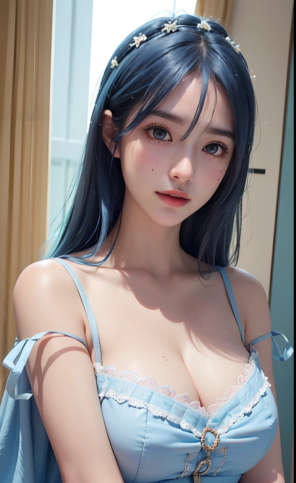 8k，realisitic、(Raw photography:1.2)、top-quality、a beautiful detailed girl、Blue hair color、Bob Hair、A smile、Idol、extremely detailed eye and face、beatiful detailed eyes、huge filesize、hight resolution、8k wallpaper、finely detail、wall-paper、Light on the Face、电影灯光、-yeld giIdle Pose、(photorealisim:1.4)、illustratio、super detailing、​masterpiece、Fluffy dresses with ribbons、Moles under the eyes、cool、White and blue idol costume