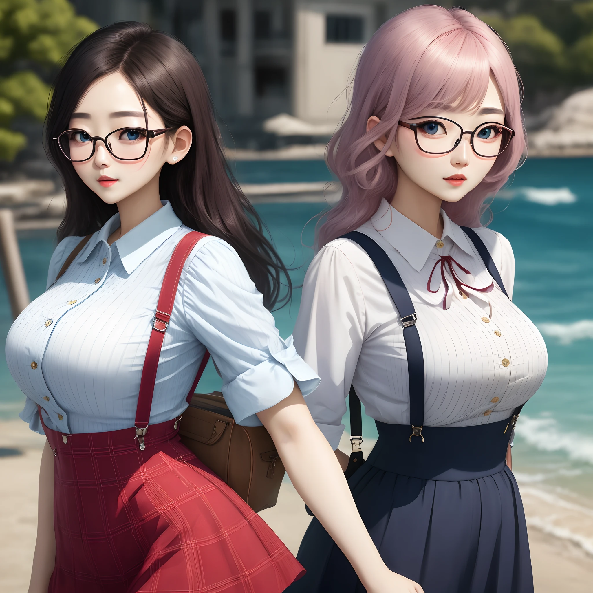 Woman big breasted suspenders glasses stars sea eyes。