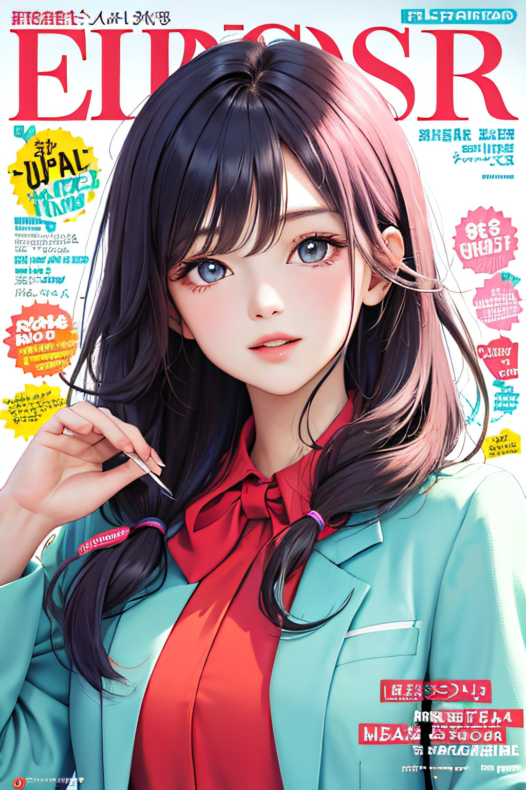 Masterpiece, Best quality, spring outfit, Colorful hair, Outdoor, MagazineCover ,Upper body,