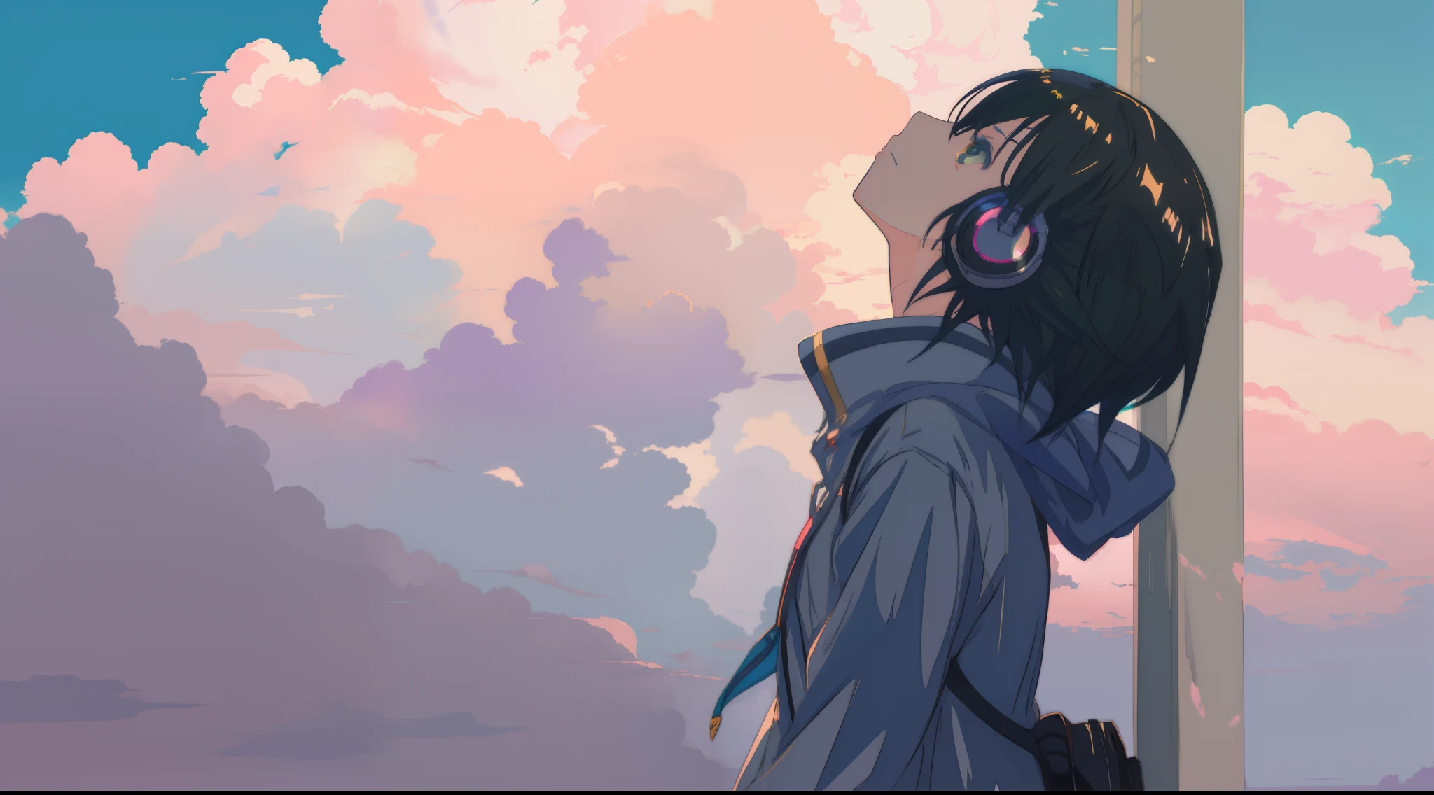 Anime girl wearing headphones, Looking Up The Sky,Makoto Shinkai Cyril Rolando, dreamy psychedelic anime, Anime Cloud, lofi-girl, girl clouds, Shinkai sincerely, Praise Artstyle, Lofi art, Atmospheric anime, in the style of makoto shinkai, anime atmospheric, makoto shinkai art style