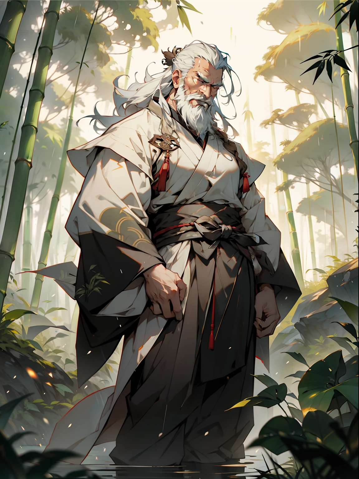 Deep in the bamboo forest, Chinese Ancient Times，raining day, A middle-aged male, 50yearsold, With a beard，long whitr hair，emaciated，dressed white hanfu, Standing in a bamboo forest, A hand touched his beard，Place one hand behind your back，look up to，Quiet, Cinematic lighting, in a panoramic view, Masterpiece, ccurate, Super detail, Award-Awarded, Best quality