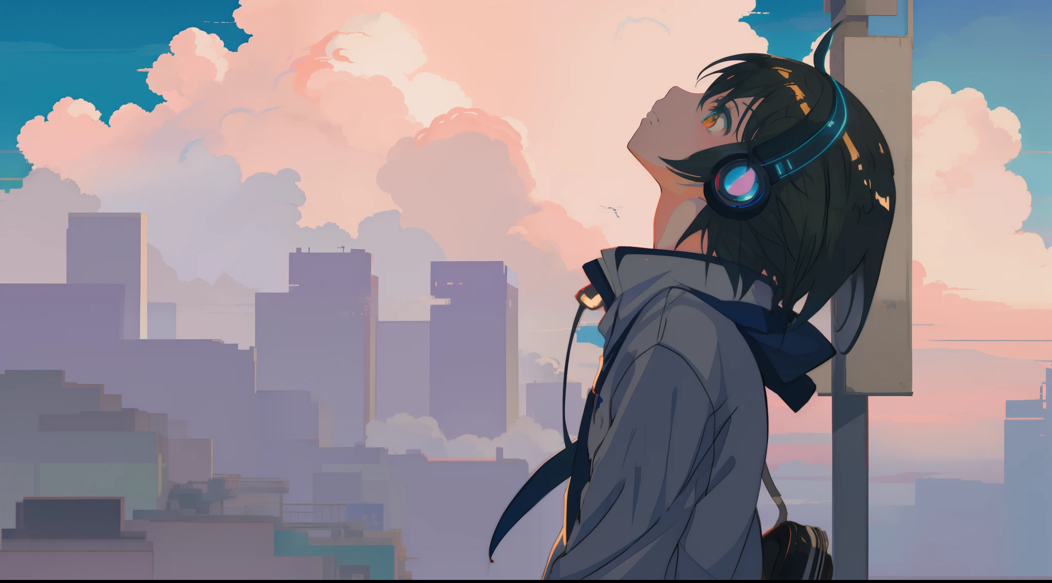 Anime girl wearing headphones, Looking Up The Sky，Makoto Shinkai Cyril Rolando, dreamy psychedelic anime, Anime Cloud, lofi-girl, girl clouds, Shinkai sincerely, Praise Artstyle, Lofi art, Atmospheric anime, in the style of makoto shinkai, anime atmospheric, makoto shinkai art style