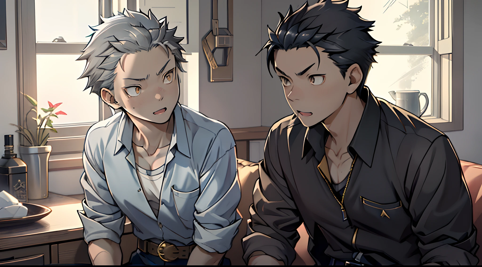 (1 Adult male),A high resolution, Sharp focus, Pixiv masterpiece, ((Complicated details)), highly detailed, natsuki_subaru, 1 man, with her mouth open,drools,full bodyesbian, Golden eyes(eyes glowing), blue short hair,The shirt,tiese,Silver belt,perspire,look from down
