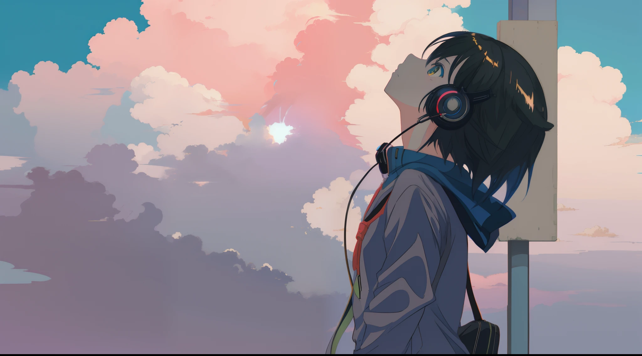 Anime girl wearing headphones, Looking Up The Sky,Makoto Shinkai Cyril Rolando, dreamy psychedelic anime, Anime Cloud, lofi-girl, girl clouds, Shinkai sincerely, Praise Artstyle, Lofi art, Atmospheric anime, in the style of makoto shinkai, anime atmospheric, makoto shinkai art style