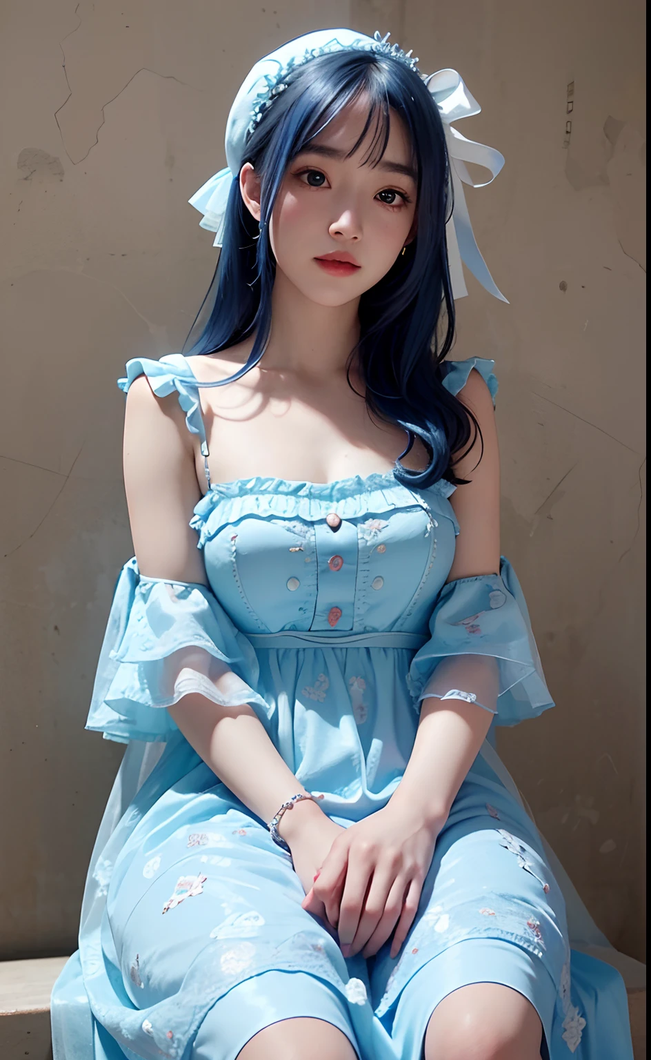 8k,realisitic、(Raw photography:1.2)、top-quality、a beautiful detailed girl、Blue hair color、Bob Hair、A smile、Idol、extremely detailed eye and face、beatiful detailed eyes、huge filesize、hight resolution、8k wallpaper、finely detail、wall-paper、Light on the Face、电影灯光、16-year-old girl、Idle Pose、(photorealisim:1.4)、illustratio、super detailing、masterpiece、Fluffy dresses with ribbons、Moles under the eyes、cool、White and blue idol costume