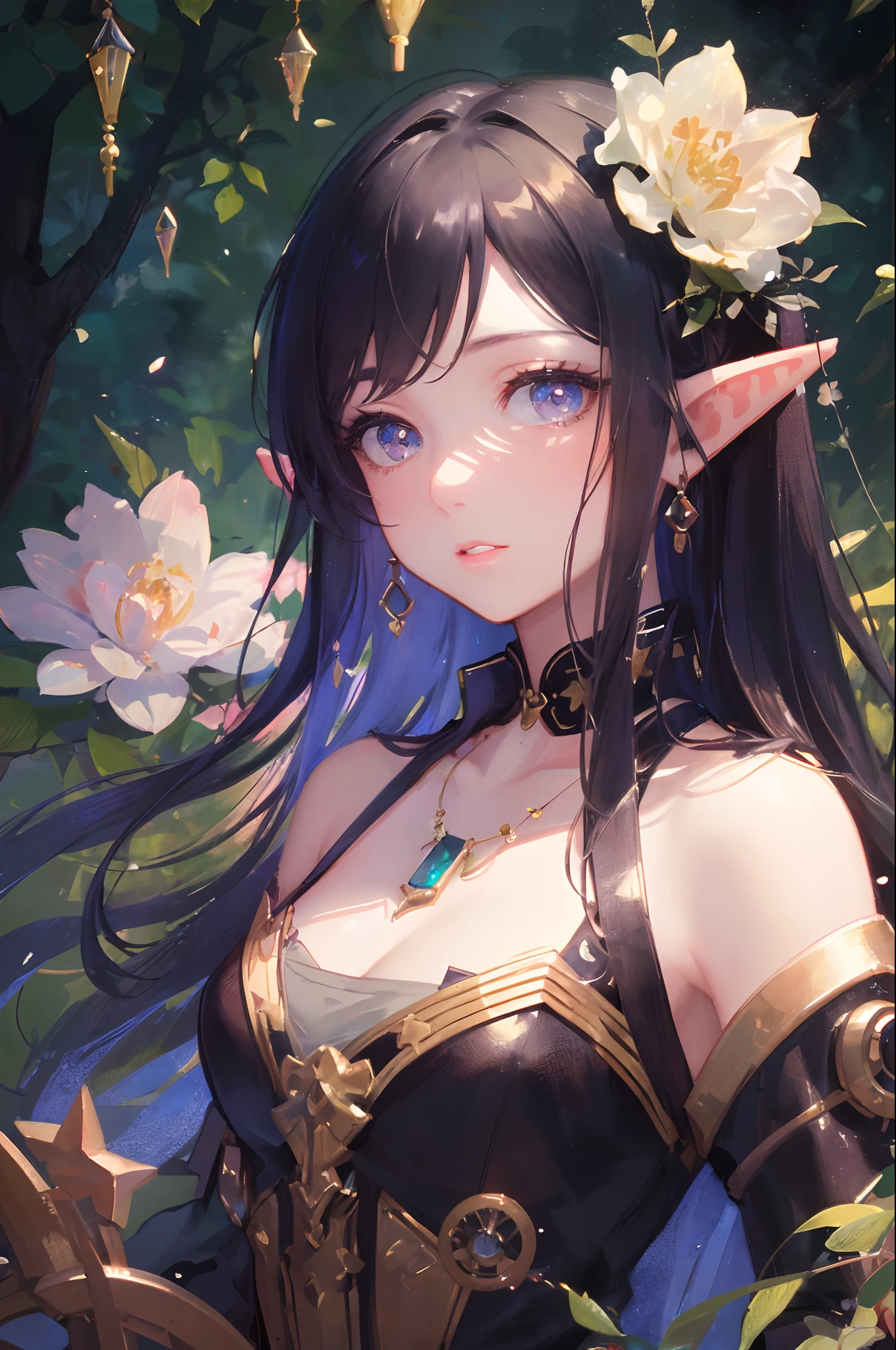 art by Cornflower, dreamy, ((extremely detailed CG unity 8k wallpaper),(masterpiece), (best quality), (ultra-detailed), (best illustration),(best shadow), (an extremely delicate and beautiful), dynamic angle, floating, finely detail, (bloom), (shine), glinting stars, classic, (painting), (sketch), Taisho steampunk, (steampunk:1.2)), full body, 1girl,portrait, elf, pointy ears, priestess, fantasy,glistening skin, crystal, jewelry, necklace, flower, eyelashes, collarbone, beautiful, detailed eyes, shiny lips, looking at viewer, forest (masterpiece, high quality:1.2) bloom, ambient occulsion