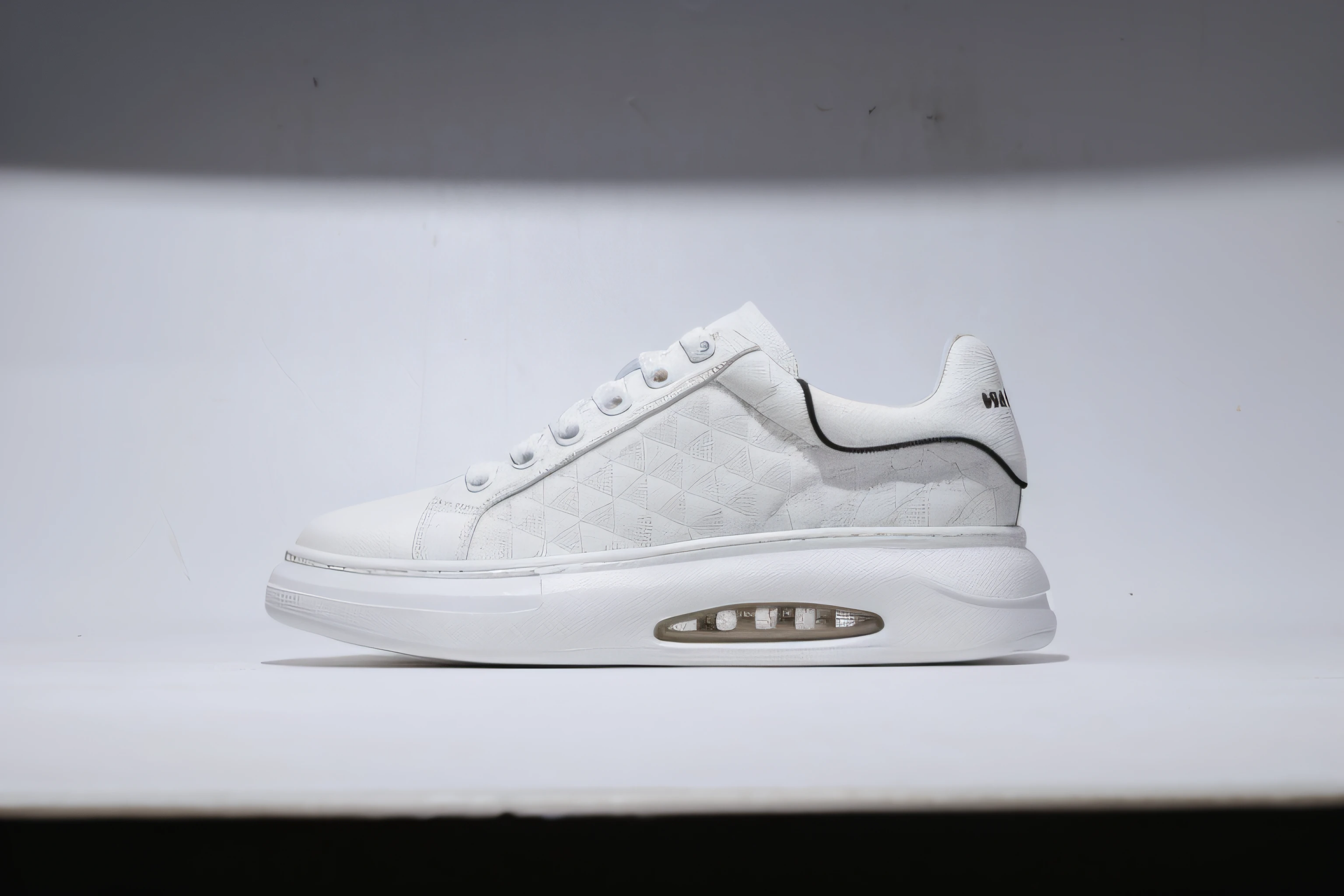 Close-up of white sneakers with black and white logo, white soft leather model, 2 0 2 0, 2020, White shoes, triple white colorway, whole shoe is in picture, 2021, 2 0 2 1, Wang Chen, 2019, 2 0 1 9, mid view, Product photo