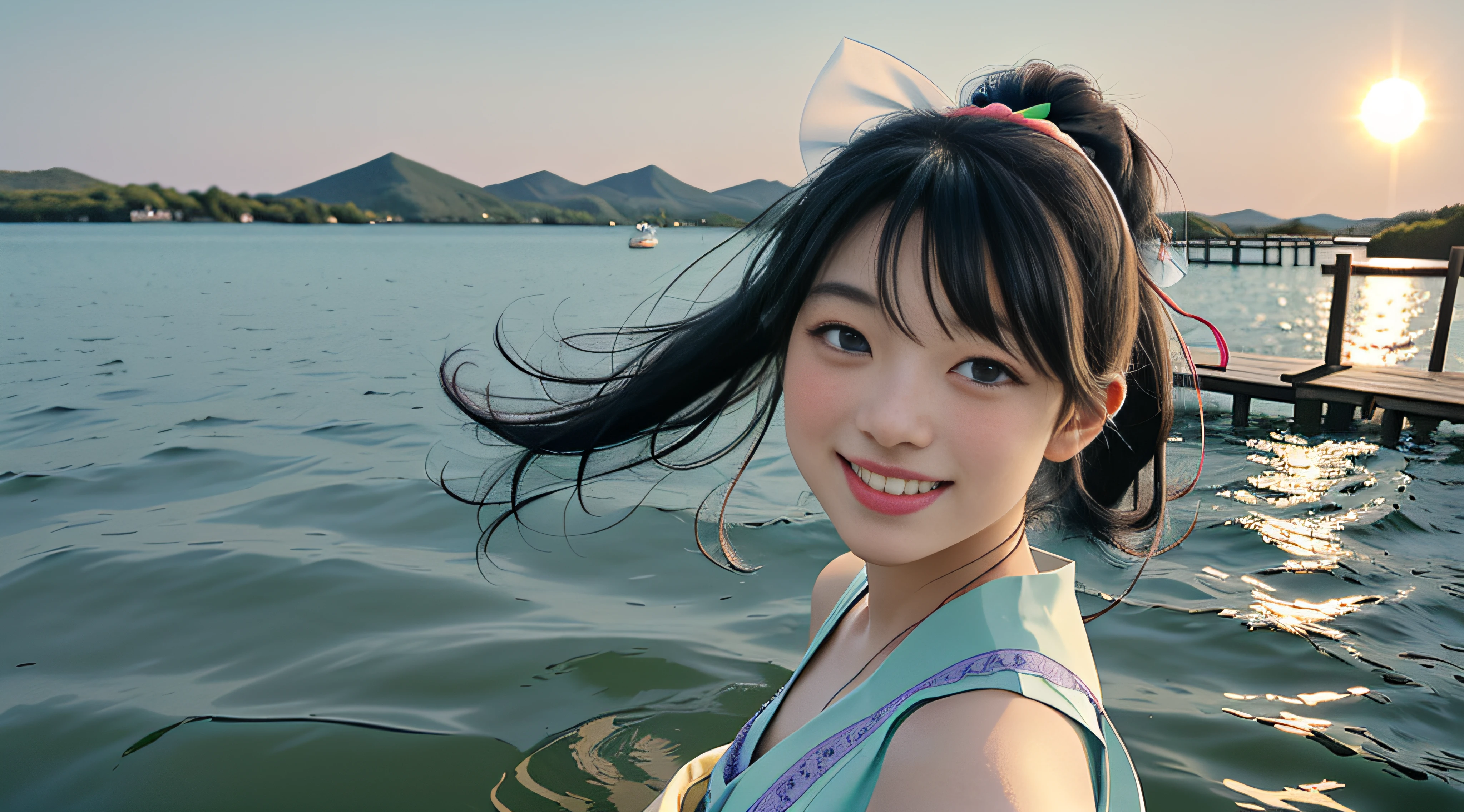 On the blue sky,in summer,There are seven rainbow flowers during the day,and the sun was shining brightly,There is soft natural light, Dingdall effect,An intimate portrait of a young girl about eighteen years old,The girl's appearance is thick eyebrows,There are big watery eyes,The girl has long black hair,Wear crossed bangs,front ponytail,The head wears a cartoon ribbon headdress,She blushed,Standing on a wooden pier in a pale green dress,A wooden pier juts out onto the tranquil lake,The girl smiled sweetly and tenderly,smiling and looking at audience,Reveal a mouthful of white, flawless teeth,Place your hands naturally at your sides,A happy smile on his face。The sun casts a warm glow on the scene,Illuminate ripples in the water,Cast a soft shadow on the girl's face。Behind her,A sea of purple and saffron extends into the distance,There are roses that contrast with the pale blue sky above。Despite the tranquility of the surroundings,But there is a clear sense of joy,