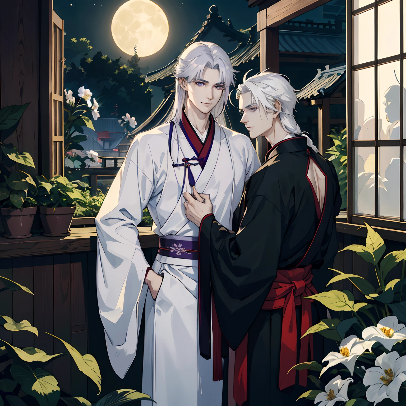 2 men, lover, Wooden greenhouses, Wear Hanfu, Long black hair, Dark purple eyes, doctor, White-haired men are very muscular.., Wear Hanfu, Wide shoulders, Tall, long White hair, Black eyes, moon light, caress, smirk, Fluttering flowers