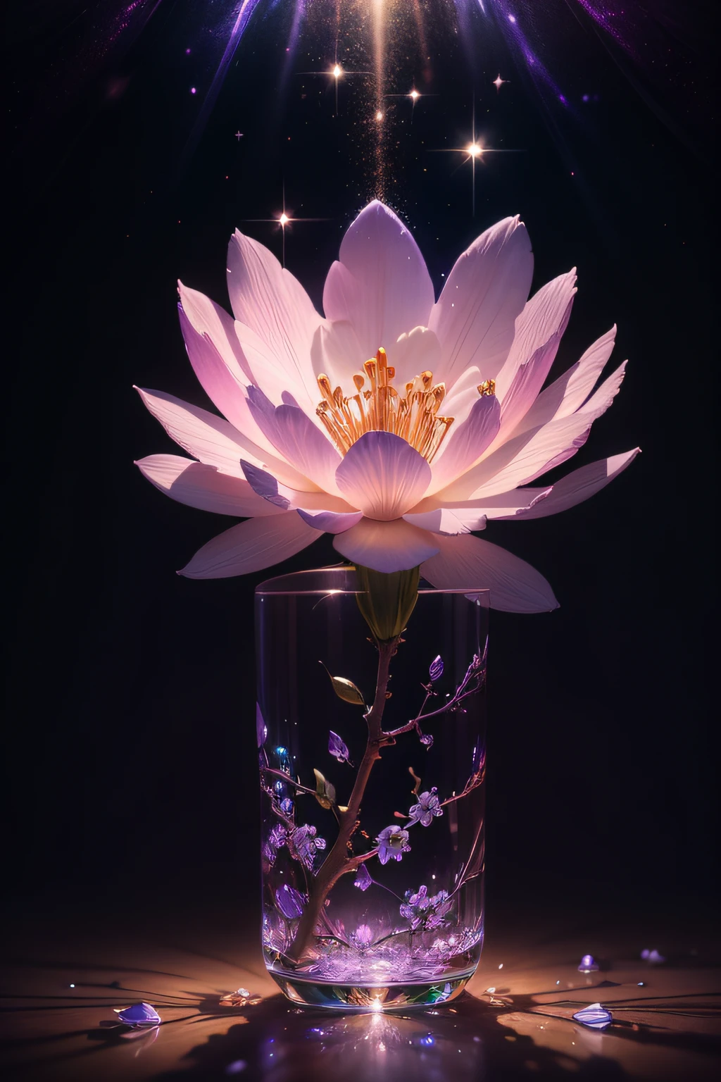 crystal spring blossom,
fantasy, galaxy, transparent, 
shimmering, sparkling, splendid, colorful, 
magical photography, dramatic lighting, photo realism, ultra-detailed, 4k, Depth of field, High-resolution