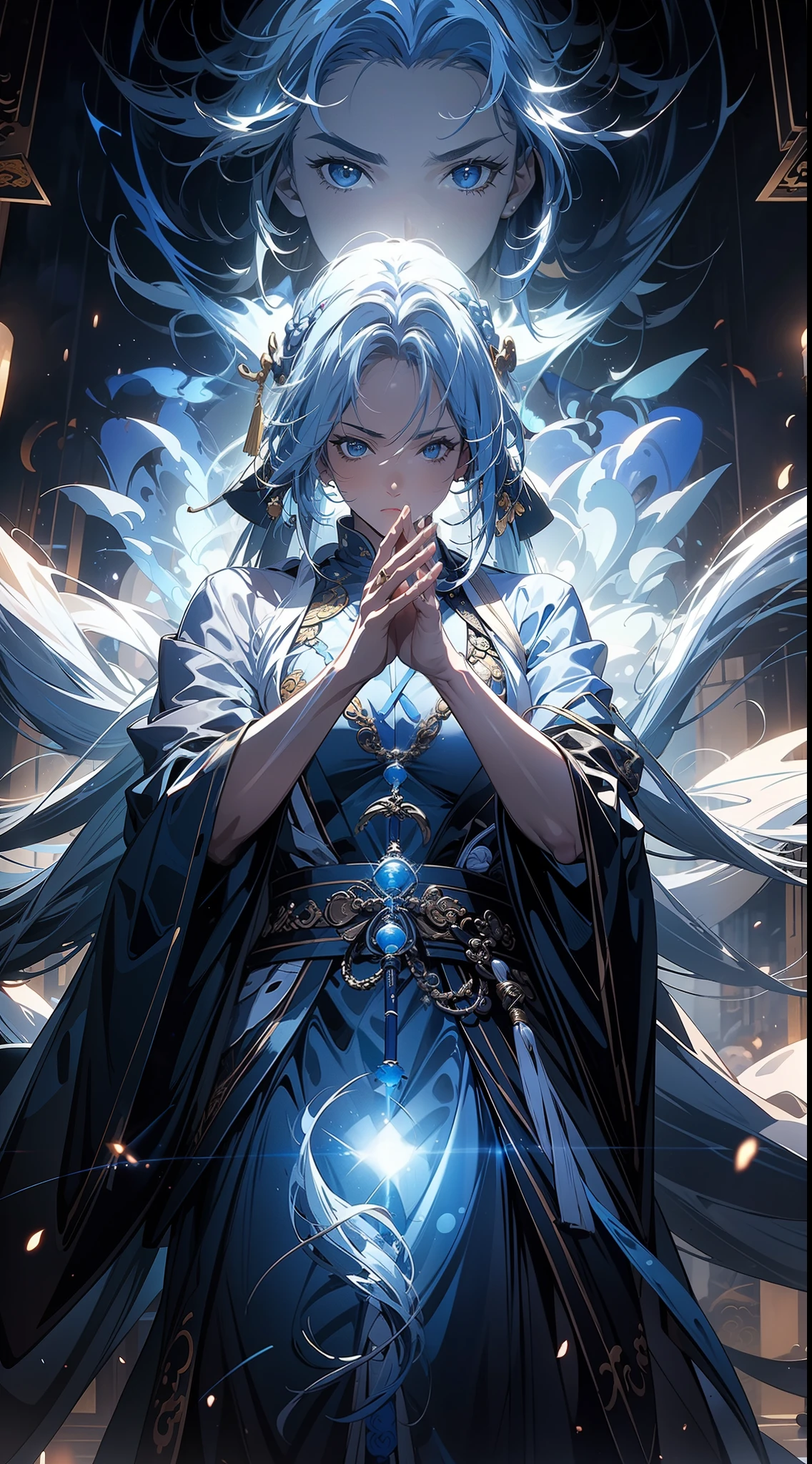 (best quality), ((masterpiece)), (highres), original, extremely detailed 8K wallpaper, 1girl,long blue hair,open clothes,she is in front of a taoist priest,blue light