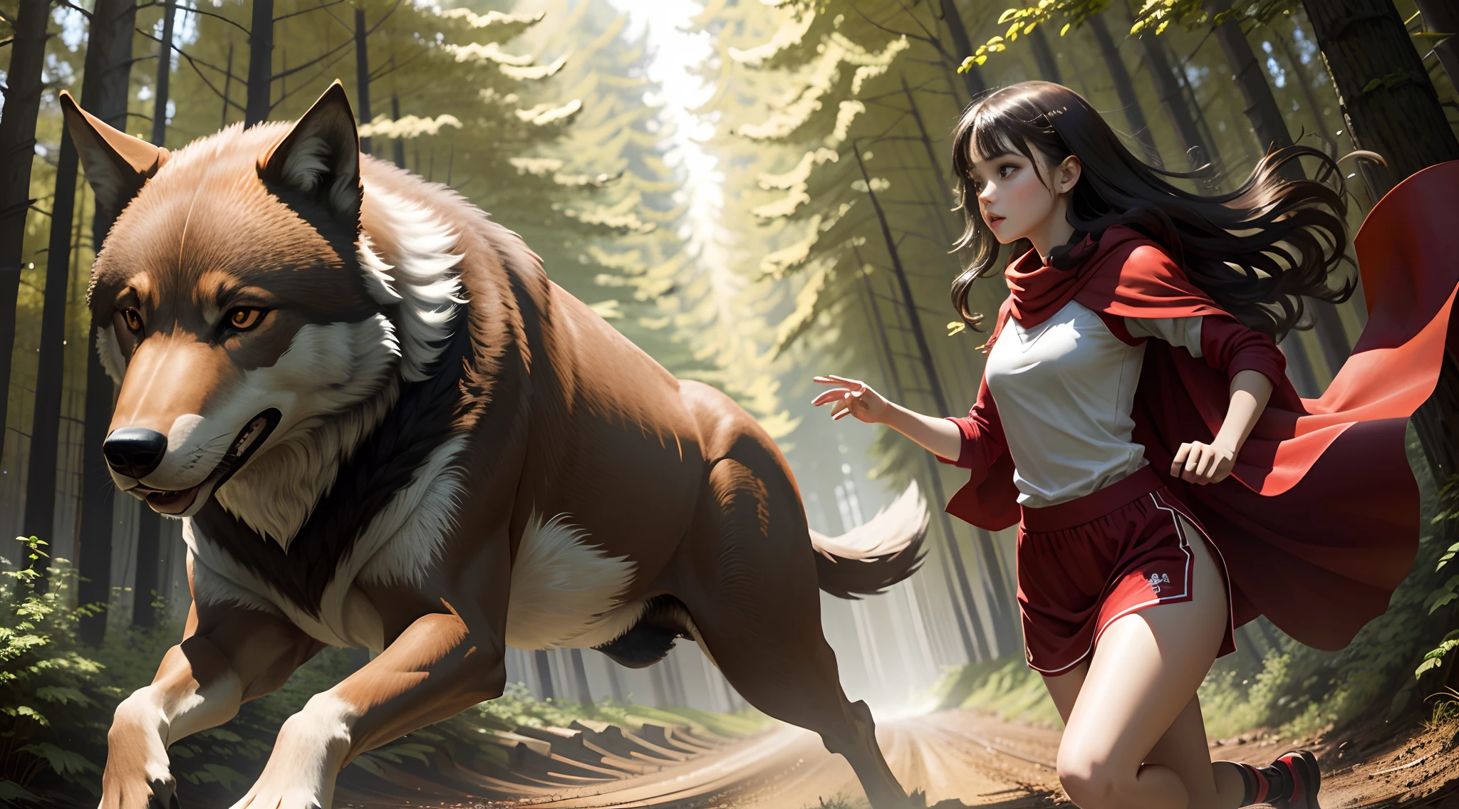 Brunette girl in red cape and long skirt，A brown wolf，running in the forest