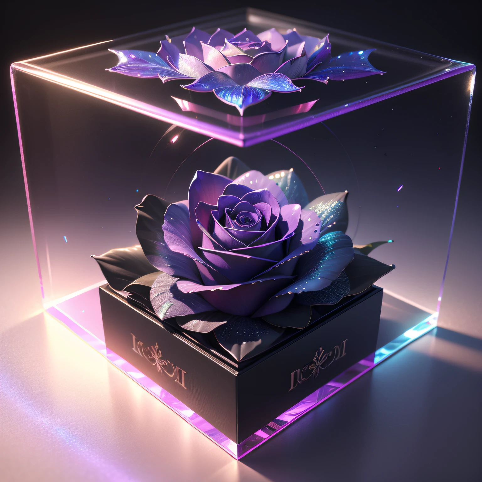 There is an acrylic gift box,There is a rose inside, made of holographic texture, Holographic design, holographic plastic, transparent holographic being, iridescent glass, holographic creatures, highly detailed zen prisms, illustration iridescent, holographic material, colorful redshift render, Rainbow reflections, pop japonisme 3 d ultra detailed