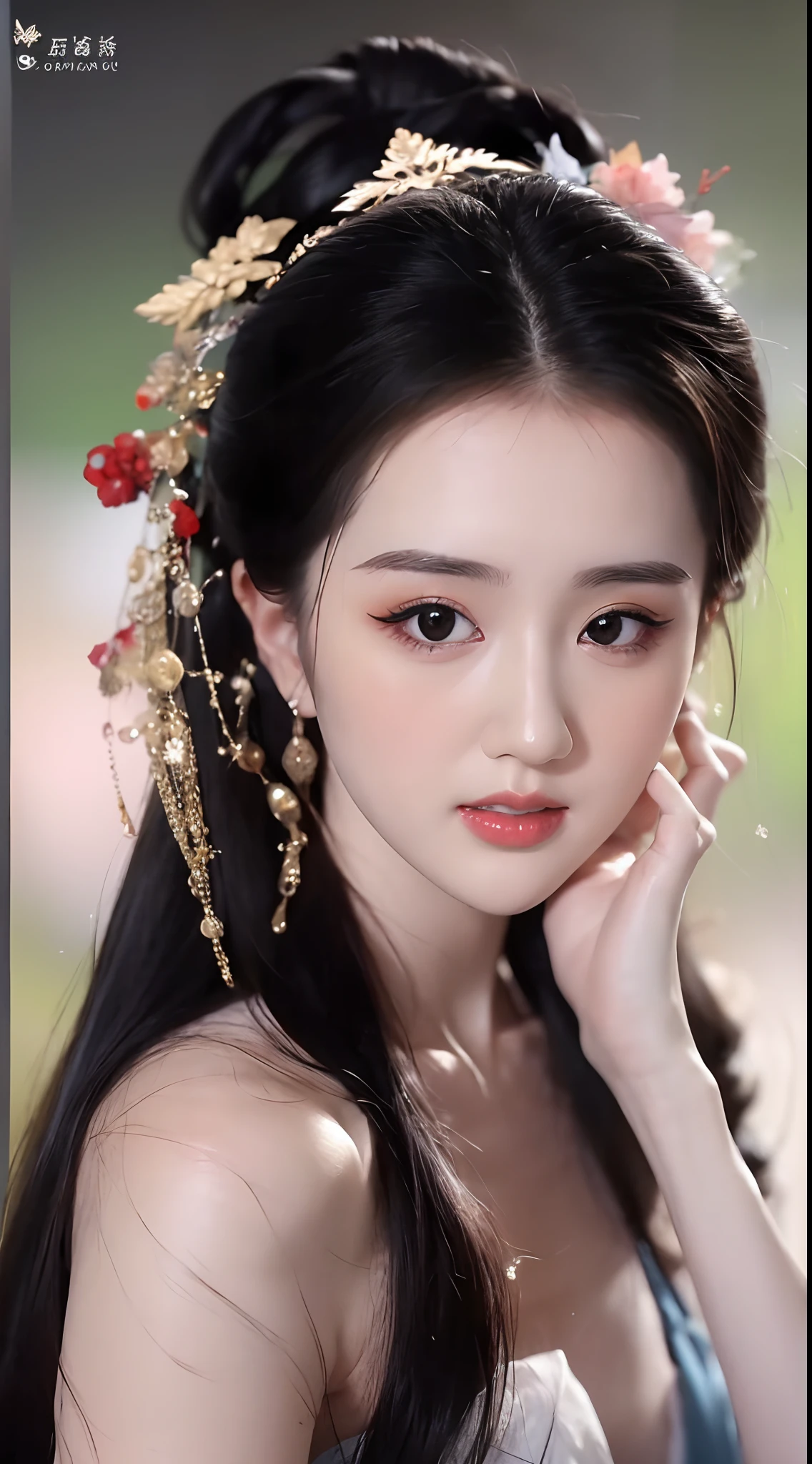 1 18-year-old girl is extremely pretty and graceful, dressed in a slender, ancient han dynasty costume, masterpiece, highres, In the Dark: 1.6), Super realistic female portrait of David Hockney and Alphonse Mucha, realistic girl, long silky black hair, double bangs, non-fiance style hair styling, chinese face, cute face, realistic girl, photorealism, dynamic lighting, artstation, volumetric lighting, very detailed faces, (((Oval face: 1.2))), ((short chin:1.8)), 8k ultra, Awarded, in the dark, deep shadow, low key, cowboy lens, red phoenix dress, bust, luxurious palace, hanfu style, crown, black eyes make up very sharp and detailed, face cleaning, the most beautiful face, Balanced teeth, bright white teeth, chinese pretty girl, the breasts are very big and round and round, breast augmentation, very tight breasts, Super realistic, chinese women's clothing, eyes wide open, the eyes are very well made up, eye bags under wet makeup, guweiz, dunhuang style, wearing black mesh socks, long and neat black hair, double bangs, mouth closed, don't laugh out loud, red lipstick, ((thick upper lip:0.6)), small and red lips, the landscape is overcast and thunderous, upper body portrait, Close-up of the main character, (Background details 1.8), smooth skin, rosy and smooth skin, HDR, UHD, 8k quality, detailed pixel, super realistic, ultra realistic, attractive girl, look at the girl's upper body, look directly at the viewer, get close to the girl, take a close-up photo of the girl,