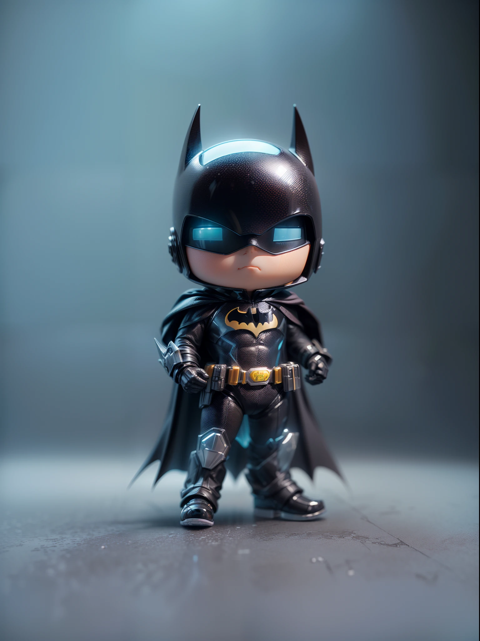 (Blind box toy style:1.2), (Full body shot) , (1 transparent cute boy)((solo)) batman，transparent armor，transparent opaque helmet, cyberpunk style, dreamy glow, Clean background,black and silver style，(circular base） ( Global illumination, Ray traching, hdr, unreal render,reasonable design, high detal, Masterpiece, Best quality, hyper HD, Cinematic lighting)