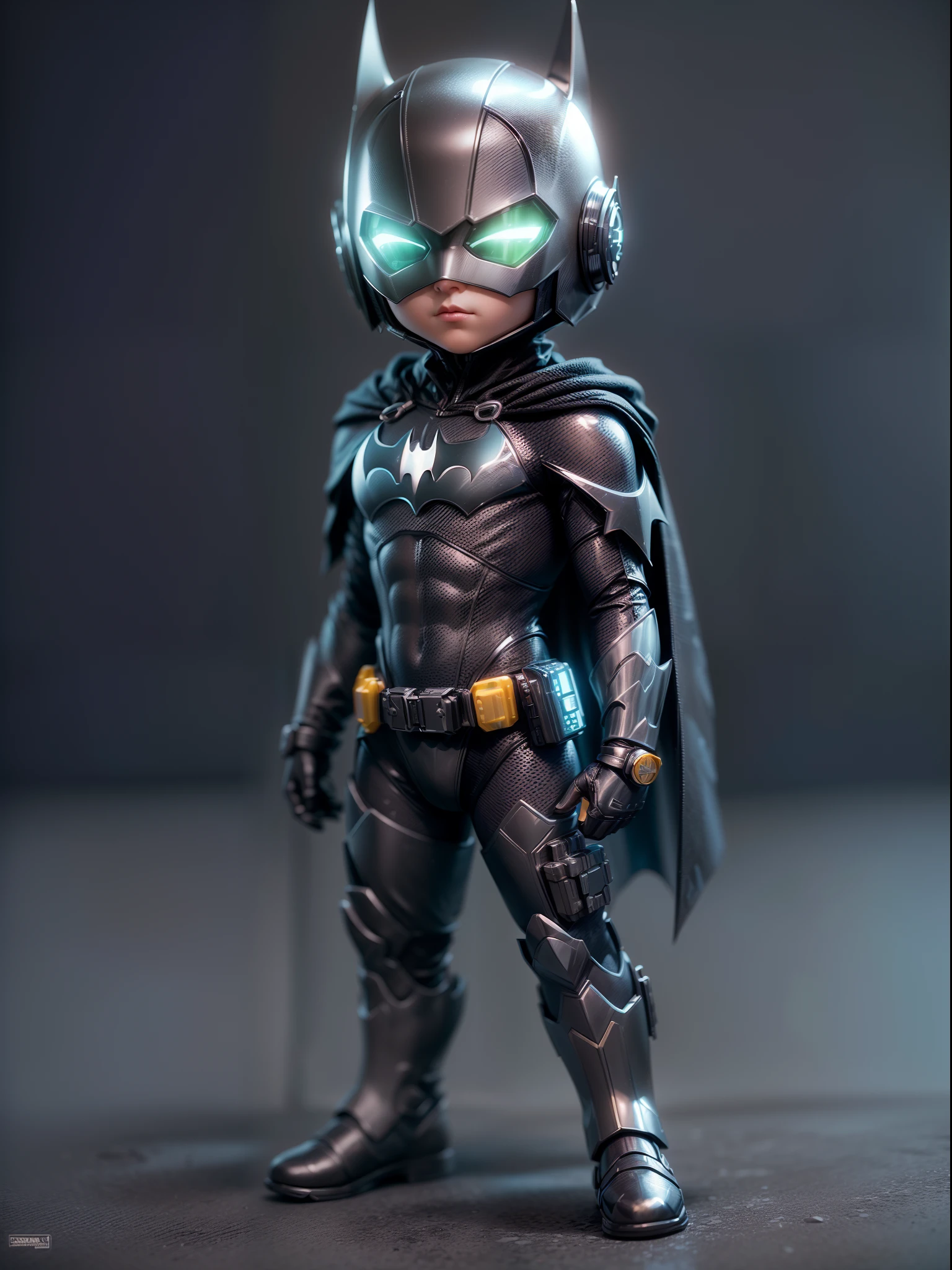 (Blind box toy style:1.2), (Full body shot) , (1 transparent cute boy)((solo)) batman，transparent armor，transparent opaque helmet, cyberpunk style, dreamy glow, Clean background,black and silver style，(circular base） ( Global illumination, Ray traching, hdr, unreal render,reasonable design, high detal, Masterpiece, Best quality, hyper HD, Cinematic lighting)