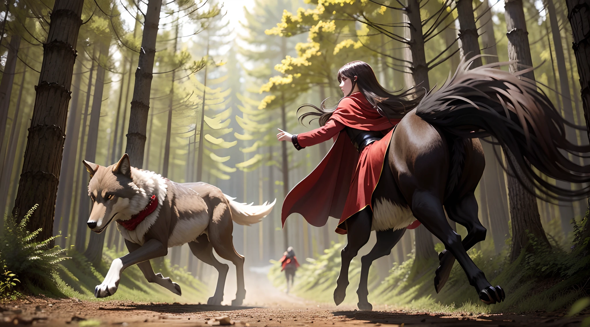Brunette girl in red cape and long skirt，A brown wolf，running in the forest