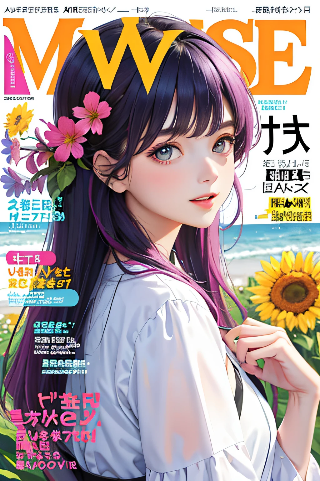 Masterpiece, Best quality, spring outfit, Colorful hair,  Outdoor, MagazineCover ,Upper body,