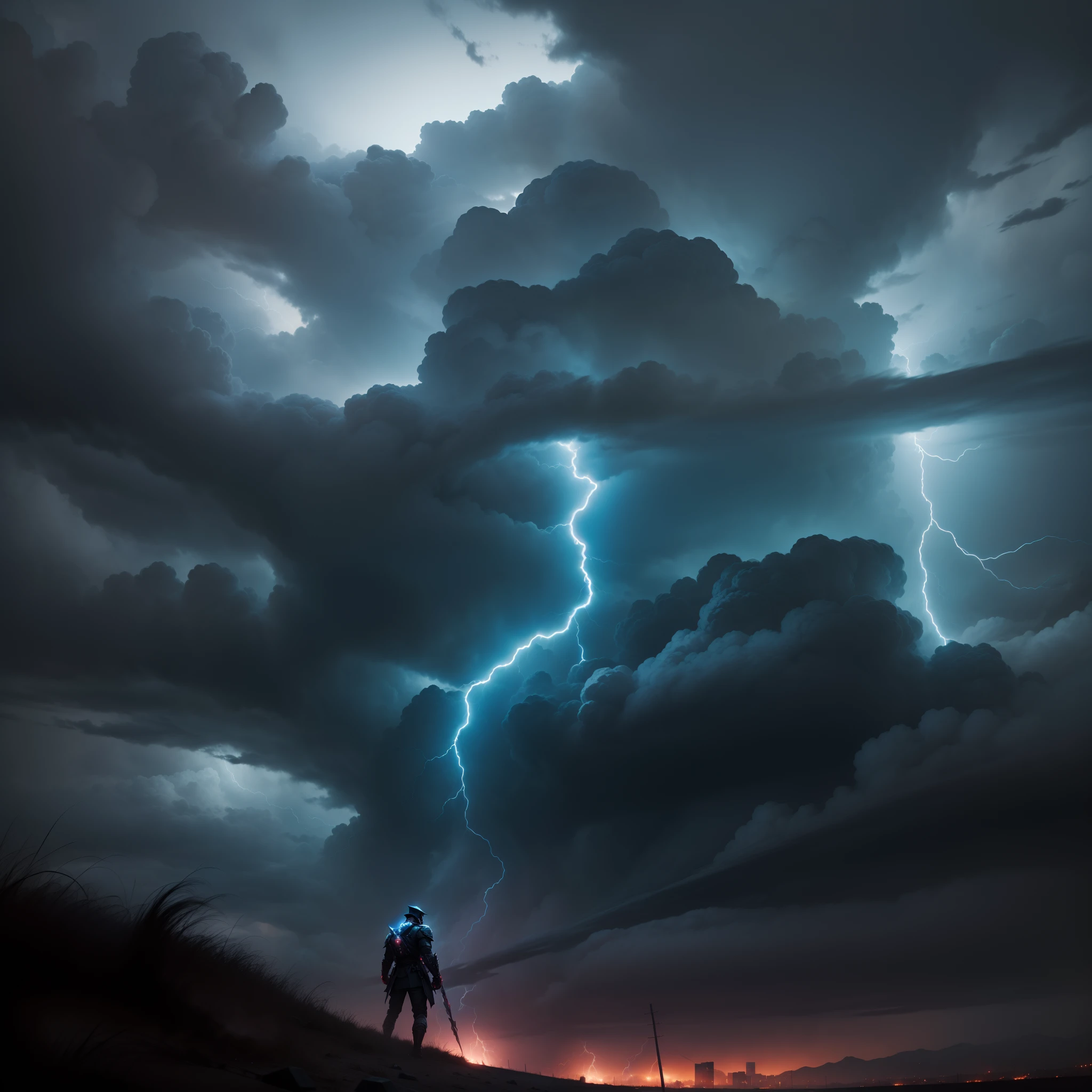 The sky is covered with dark clouds,Ten thousand thunderbolts descended and slashed at a man in the night