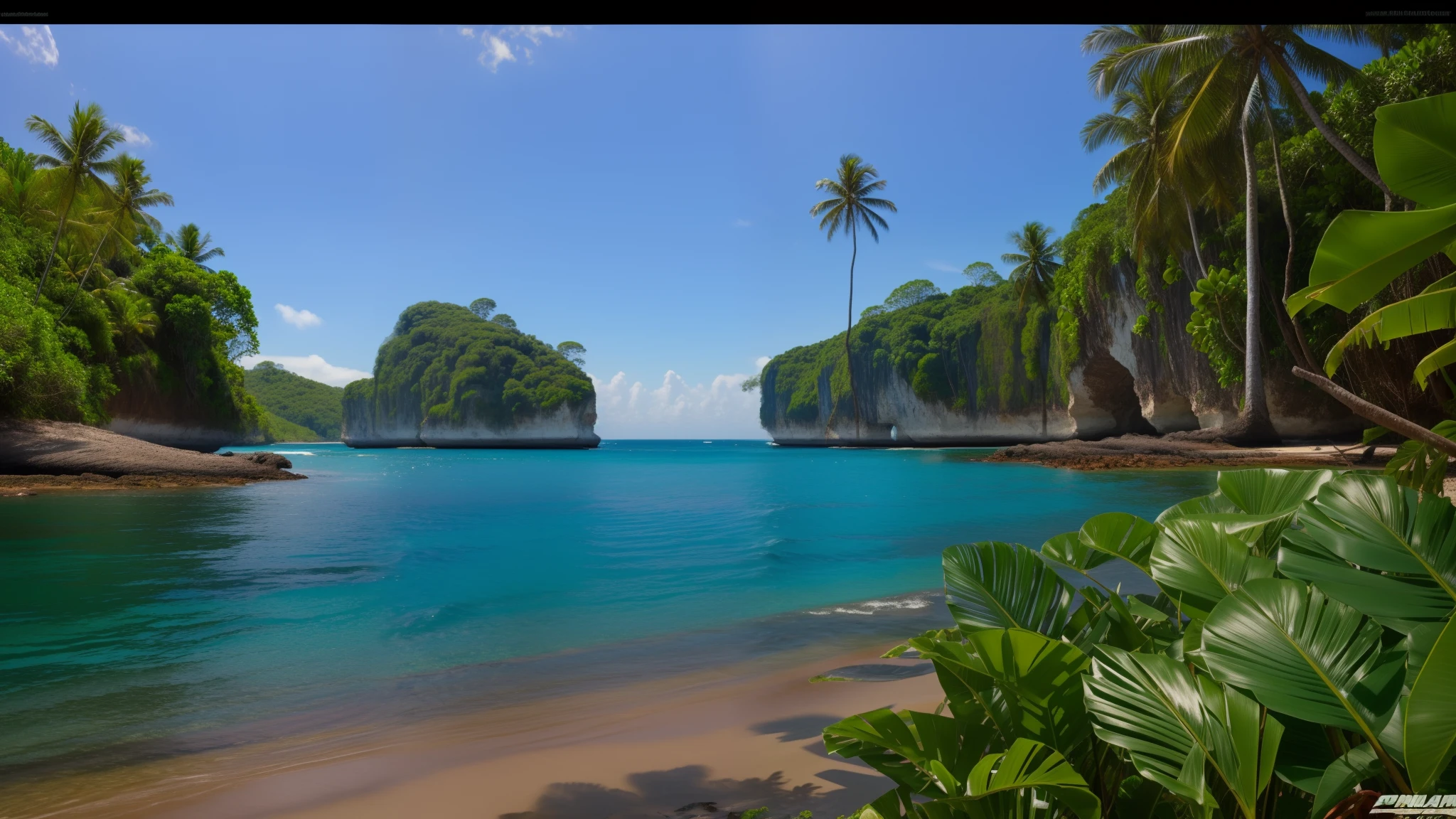 Tropical landscape with water and big cliffs, high tropical trees, vibrance, blue sky