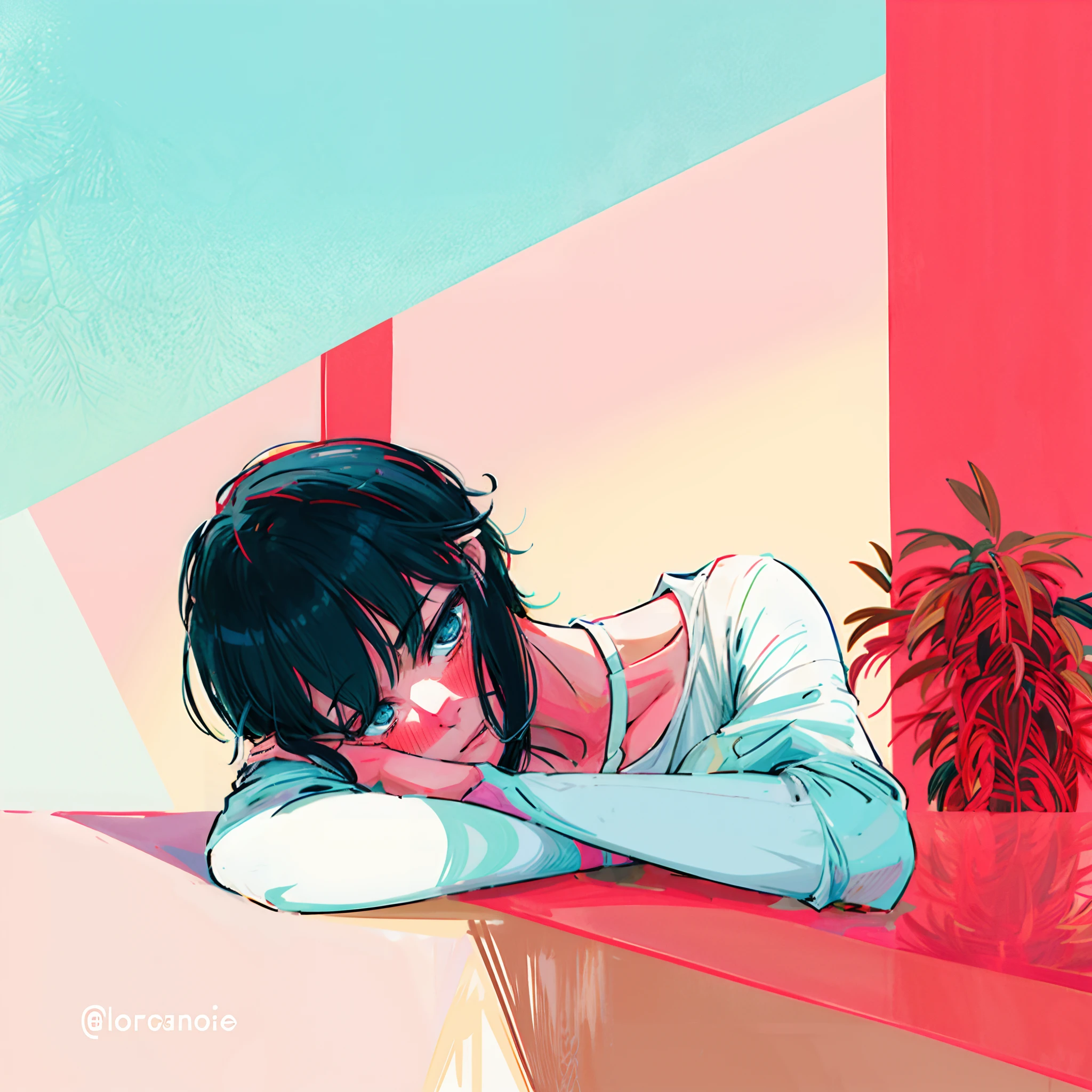 anime girl laying on the table with her head on her hands, conrad roset and makoto shinkai, by Conrad Roset, serene illustration, lo-fi illustration style, style of conrad roset, by Eizan Kikukawa, in style of laurie greasley, calm night. digital illustration, inspired by jeonseok lee, inspired by Conrad Roset