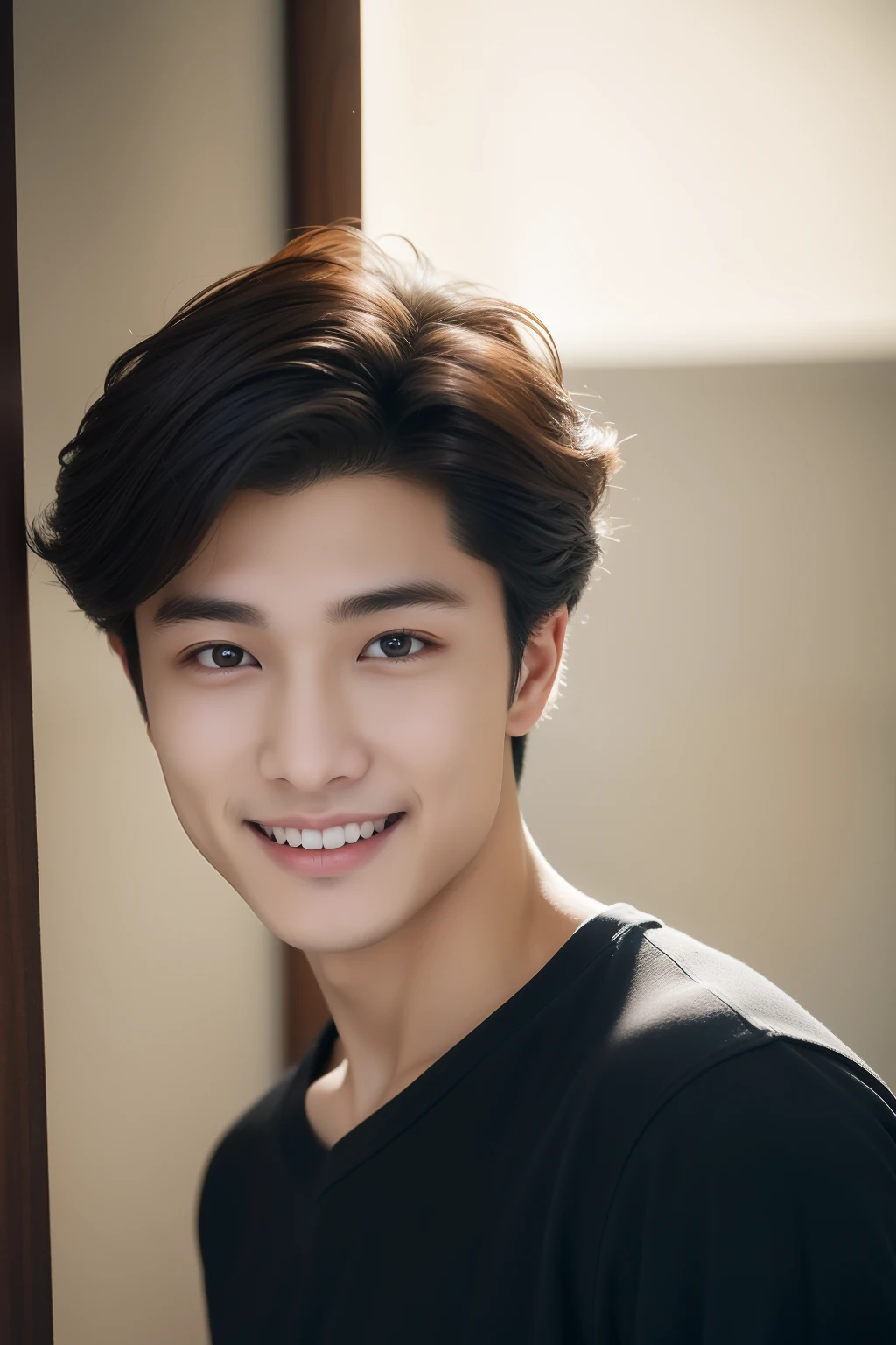 top-quality, masterpiece, 超A high resolution, (realisitic: 1.4), Original photo, wall-paper, Head Photo, The skin, simple background, Black eyes, detaileds, selfy, 1 boys, 18 years old, a handsome, breezing, rays of sunshine, Duan、a room、Amazing handsome man、Cute、Center Part、perm、Johnny's、A face like Ryosuke Yamada、Refreshing、not too thick eyebrows、orthodox christianity、a smile、musculature