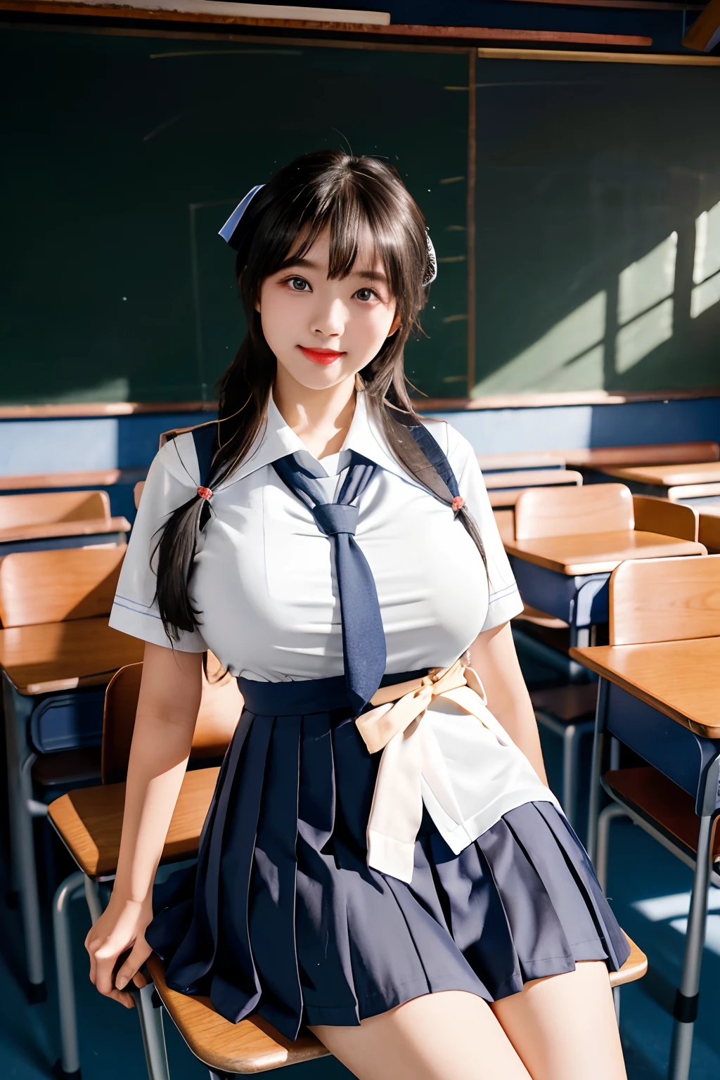 (A ),(Immature Slightly thin face),(Super swollen: Exaggerated scale: Swelling, Huge chest,super gigantic breasts),(Full clothing supported by breasts),long whitr hair,(Wear a Chinese white school uniform,School pants),School uniform with an open waist,Many people's classroom background, sit on chair,Pure temperament,ssmile,perfect eyes, perfect hand,超高分辨率, Movie Angle, Professional lighting, best qualtiy, tmasterpiece, Perfect focus,Background bokeh,realisticlying,Ultra-high ress fabric texture,8k eye details,8K pupils,