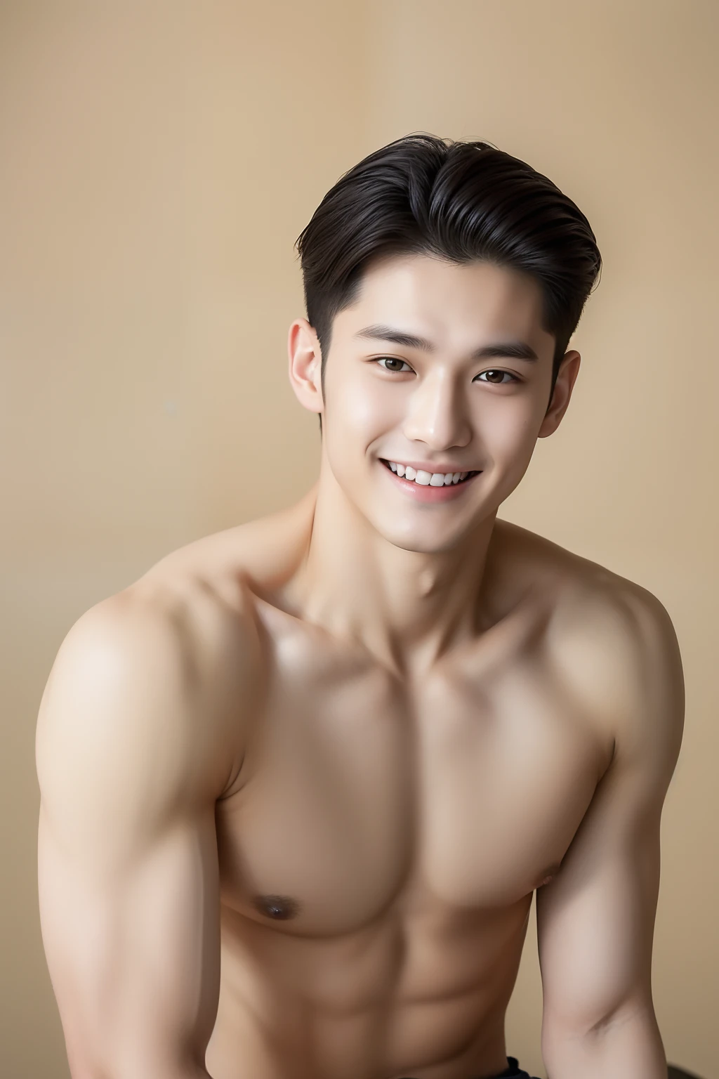 top-quality, ​masterpiece, 超A high resolution, (realisitic: 1.4), Original photo, wall-paper, Head Photo, The skin, simple background, Black eyes, detaileds, selfy, 1 boys, 18 years old, a handsome, breezing, rays of sunshine, Duan、a room、Amazing handsome man、Cute、Center Part、perm、Johnny's、A face like Ryosuke Yamada、Refreshing、not too thick eyebrows、orthodox christianity、a smile、musculature