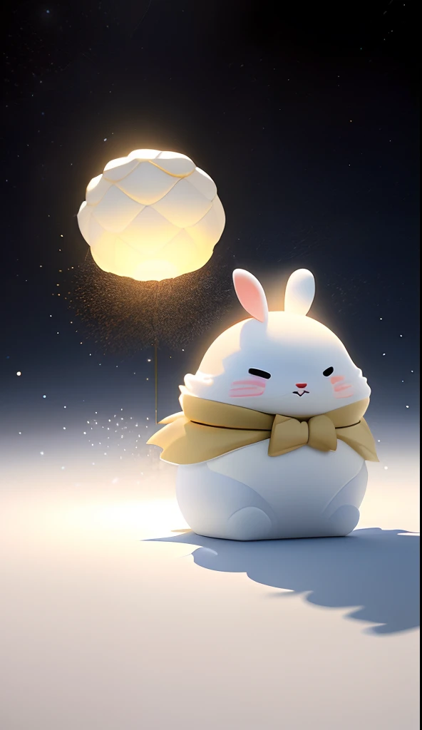 tmasterpiece,Best quality at best,(非常详细的 CG 统一 8k 壁纸),(Best quality at best),(The best illustrations),(The best shadow),White rabbit with blue scarf,Lying on a giant mooncake,There are a lot of gift boxes on the ground,white fluff,Yellow scarf,Solid black background,(Particle effect)and other 3D, Octane rendering,Ray traching,Super meticulous