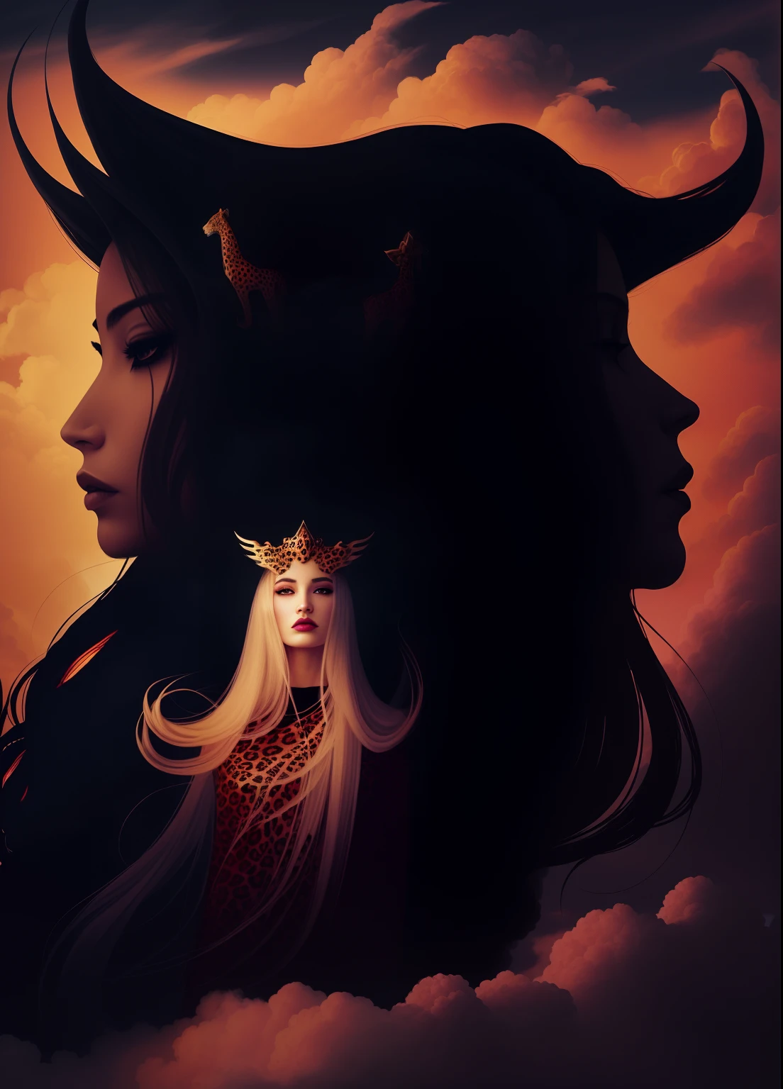 There is a woman and two monsters on the clouds， The goddess's hair turns into clouds，Grab the clouds in the sky with both hands，The monster has cheetah-like spots，Leopard claws，Red wings，Ferocious，The head shines，dense clouds，Single background，Clean and consistent tone，dreamworld，Bizarre sky，alien worlds，