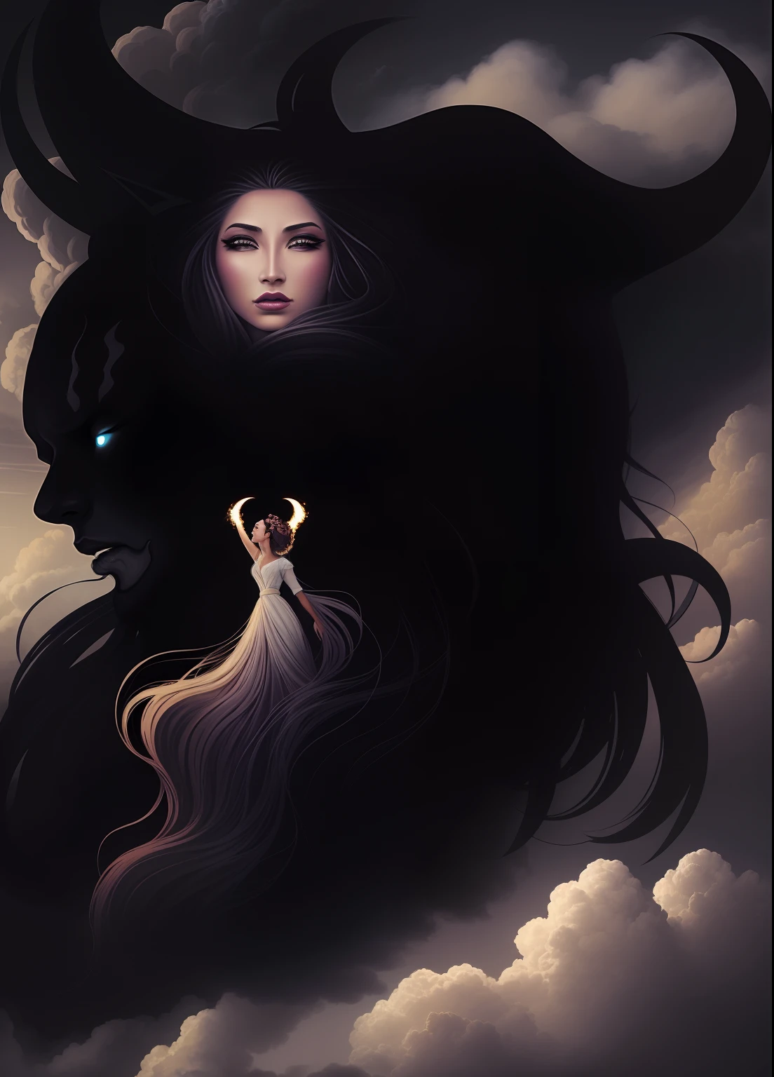 There is a woman and two monsters on the clouds, The goddess's hair turns into clouds,Grab the clouds in the sky with both hands,The monster has cheetah-like spots,Leopard claws,Red wings,Ferocious,The head shines,dense clouds,Single background,Clean and consistent tone,dreamworld,Bizarre sky,alien worlds,