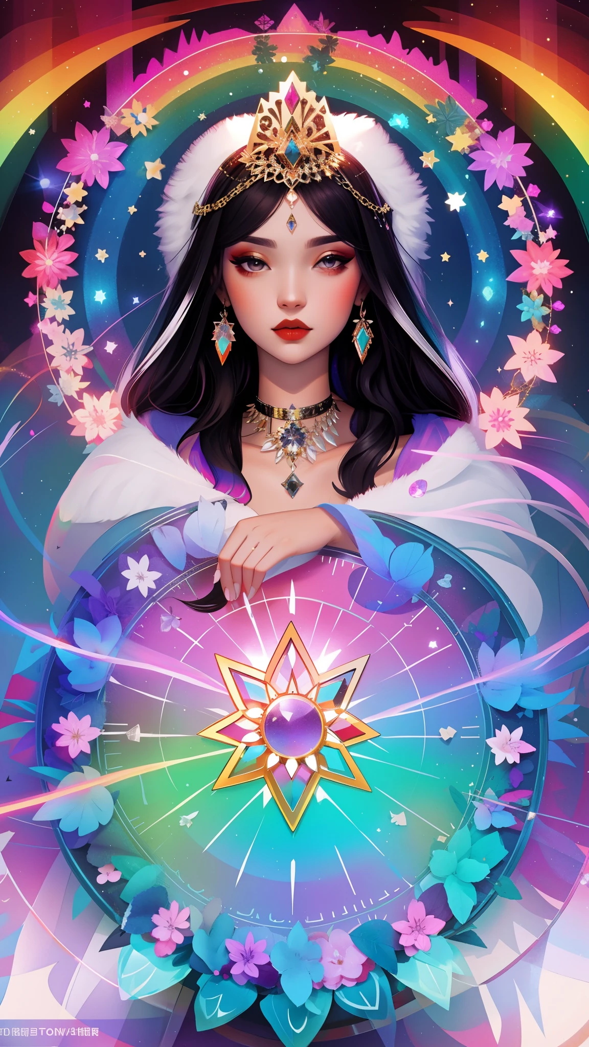Model: long wavy hair, full dark lips, Smoky eyes, BREAK, Setting: Room with black color, Broken glass,multicolored neon crystals, BREAK, bodypaint: Polychromatic geometric patterns, Torso cover, Arms and legs, BREAK, Accessories: Chrome-plated chains with torn body, Silver Choker, black feathered white black wings, Naked, Topless, naked body,BREAK, the pose: on a bed, looking forward, truth, Magic, Magic, wolf ears, Wolf, up close, northern lights, spectrum