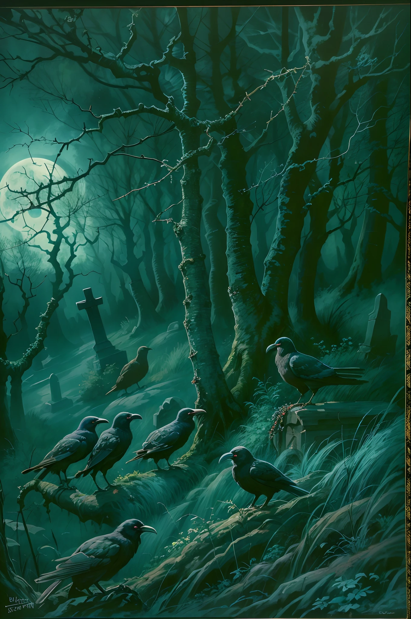 blueish moonlight,UHR,Black Forest,tombs,Thorns,Phosphorous fire,cawing ravens