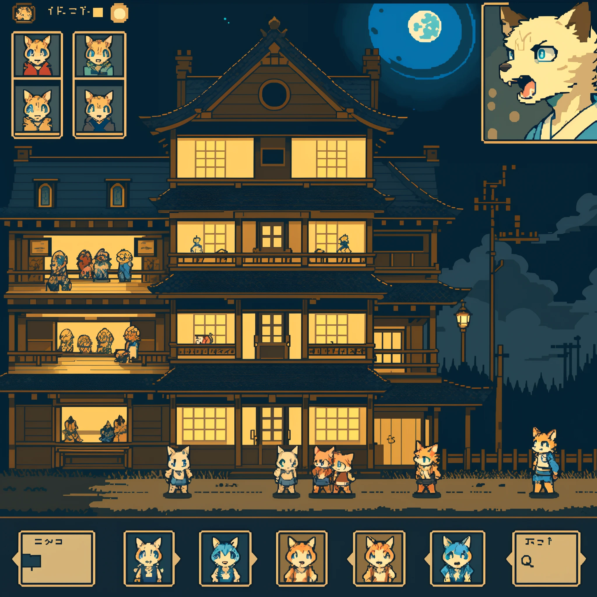 highres, absurdres(highly detailed beautiful face and eyes)perfect anatomy, detailed background, User Interface of Action game, side view game, dots game, pixel art, night, japanese house, deteriorated furniture, windows, moonlight, 6+boys, 6+girls, expression, good lighting, cinematic shadow(kemono, furry anthro)assorted poses,