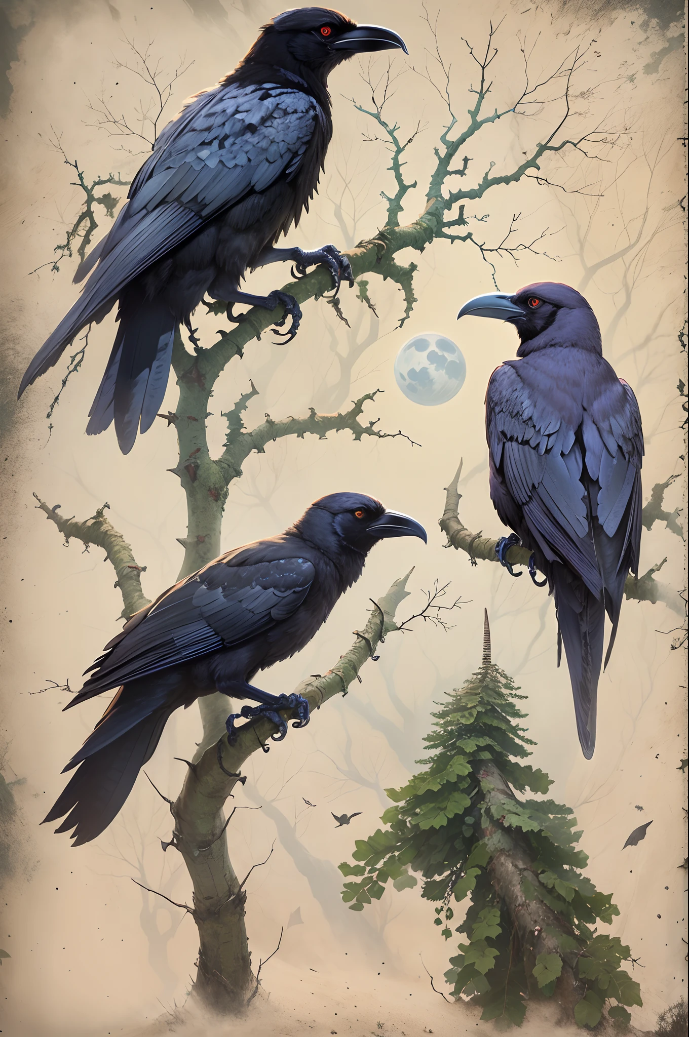 blueish moonlight,Cracked earth,barren,Sand,Deadwood,cawing ravens,Black Forest,Thorns