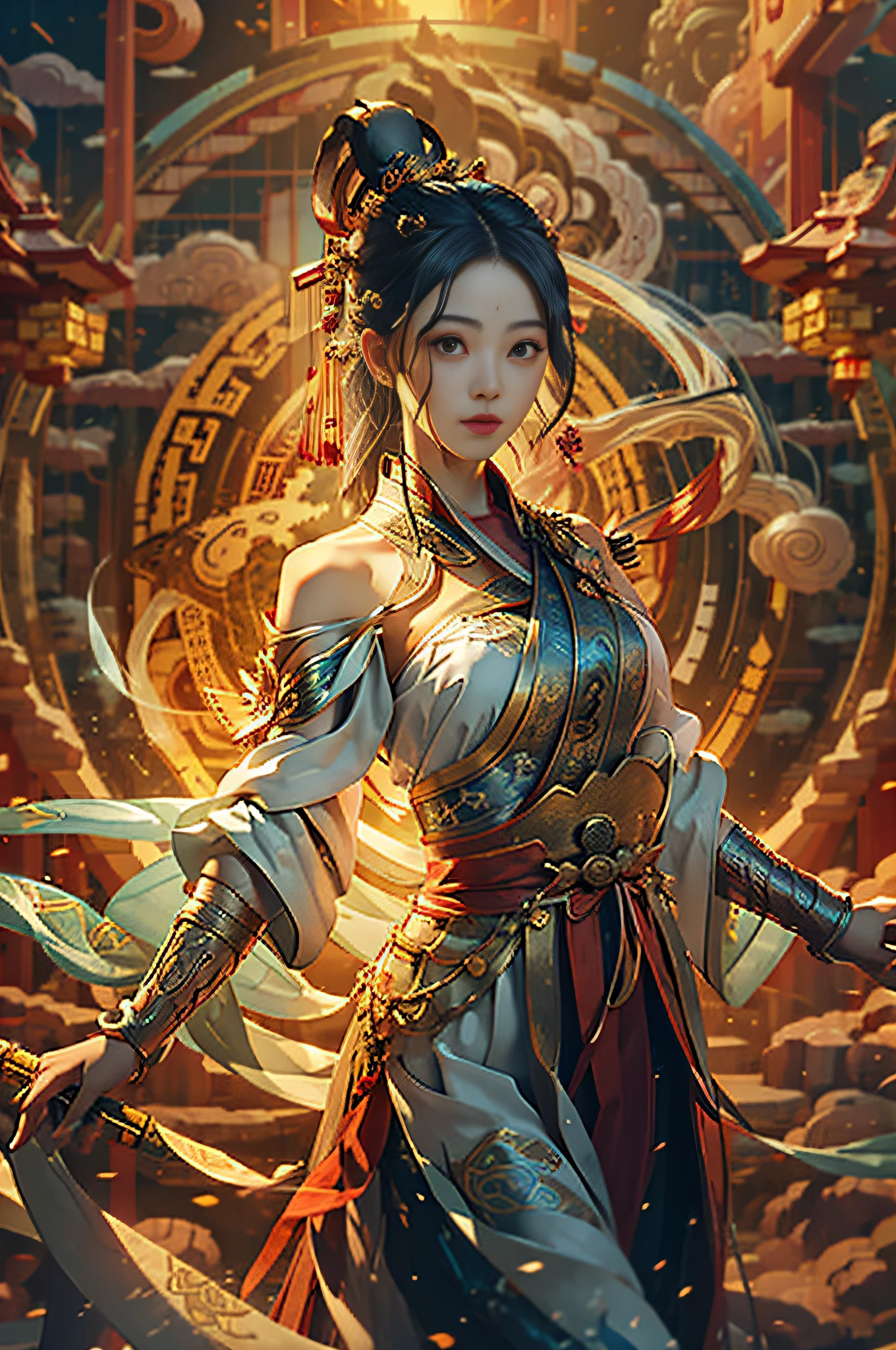 (A character flying with a sword in the sky:1.3)offcial art,统一 8k 壁纸,ultra - detailed,Beauty and aesthetics,tmasterpiece,best qualtiy,(zentangle,tangle,entangle),(s fractal art:1.4),(The character is centered:1.3),1girl,black color hair,chineseidol,cropped shoulders,long skirt,small thighs,The is very detailed,dynamic angle,cowboyshot,(Chaos in its most beautiful form),flowy,(vivd colour),OC,(A half body:1.2),Chinese big breasts,(thangka flying sky:1.5),(ribbons:1.3),(dream magical:1.5),(Hanfu:1.5),chinesedragon,Chinese Phoenix,(ssmile:0.5 ),(chinese deity),dunhuang,DUNHUANG