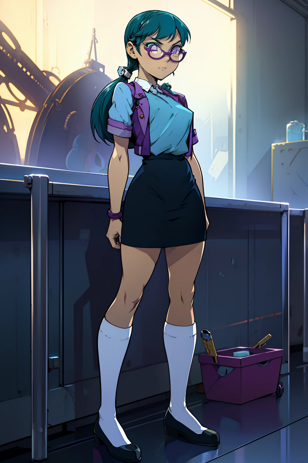 Juniper Installation, A  girl, Aquacolor for hair, kino, uniform, stands on his feet, kino, twin tails, blue eyes, hairpins, purple glasses, Cinema, The body is completely