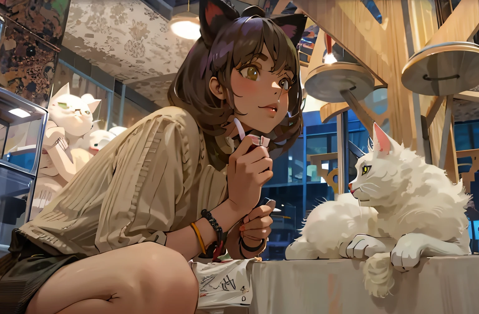 The woman crouched in front of the table, Girl with cat ears,Pull down the mask,Girl's cute lips,Look ahead,There is a white cat next to her, The cat looked sideways at the girl,