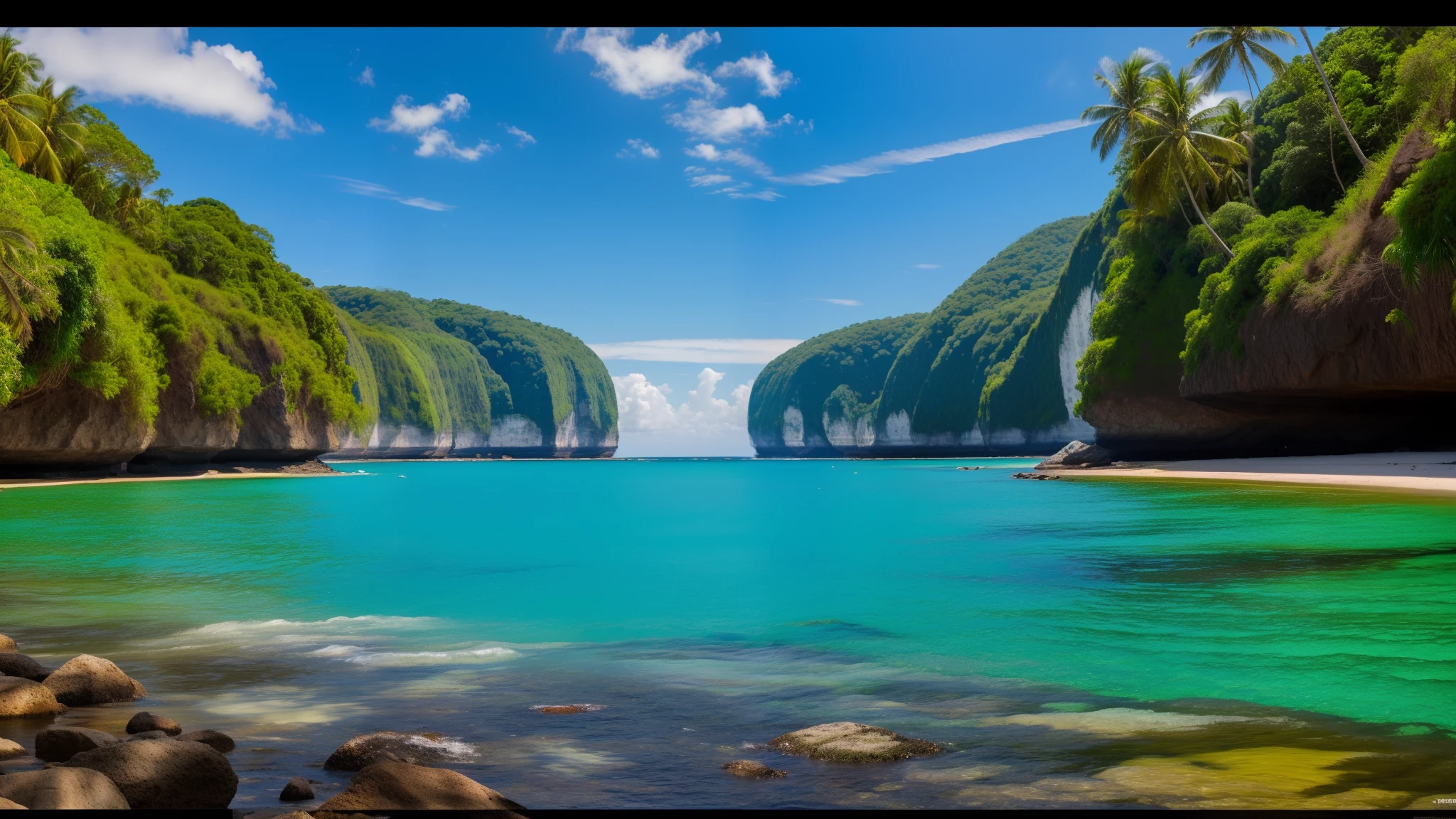 Tropical landscape with water and big cliffs, high tropical trees, vibrance, blue sky