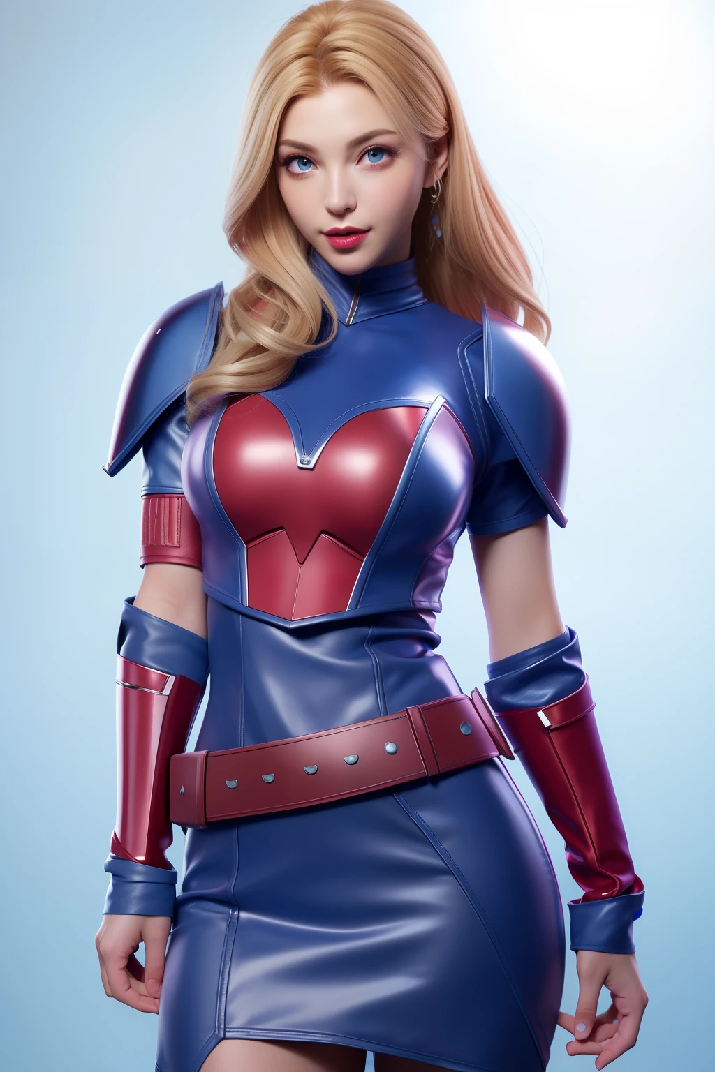 Beautiful Face Woman、a blond、a miniskirt、Blue background、 Beautuful Women、18year old、prety woman、hyper realistic photography、High-definition photos、red lipsticks、Mandalorian Style Metal Armor Skirt Suit、big eye、The skin is not exposed、Do not cut your head off the screen