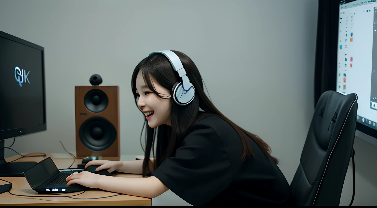 Beautuful Women、(8K、SLR、realisitic)、Lovely room、Play games、Sit in the game chair、Wearing headphones、Laugh、Look at your computer screen、Side view