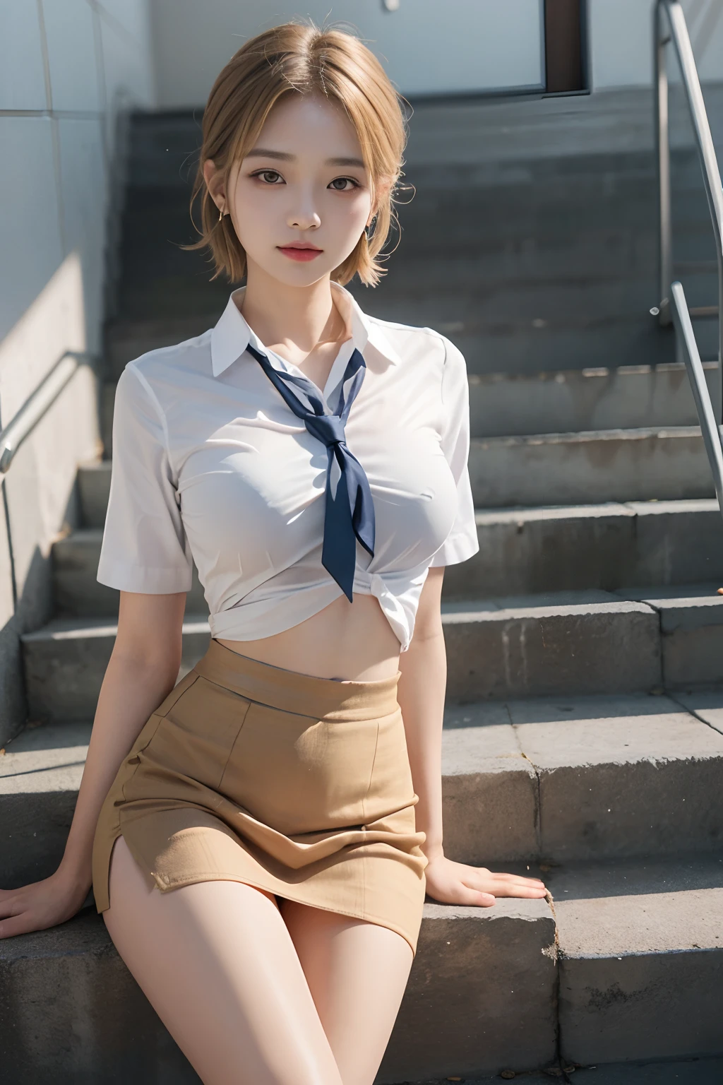 Korean School Uniform, Summer School Uniform Shirt, Ribbon Tie, Korean Student Skirt, School Classroom, School Stairs, Chest Lifting Pose, 8K RAW Photo, High Resolution,  Cool Korean, Very Big Round Breasts, Cleavage, Beautiful Eyes in Every Detail, Long Eyelashes, Beautiful Double Eyelids, Eye Shadow, Eyeliner, Cut Eyes, Elongated Eye Shape, Sanpaku Eyes, Evil Smile, Evil Expression, very small buttocks, beautiful very thin legs, beautiful very thin thighs, random short hair, hair tied behind the head, earrings, bright blonde,