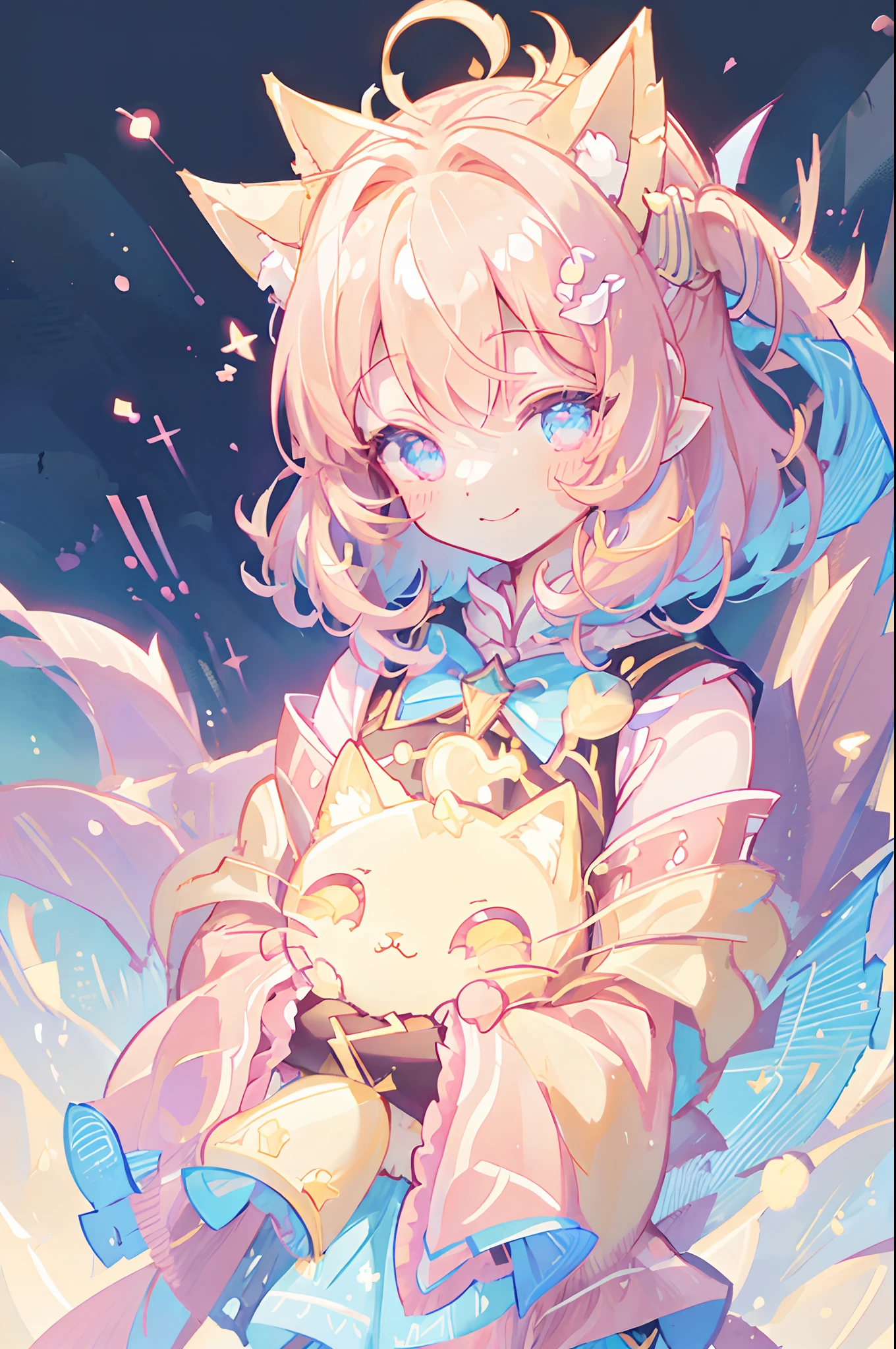 Complex lighting、top-quality、masterpiece、Cat-eared girl、Eyes are hearts、I'm smiling cruelly。Her big eyes shine in her heart、The viewer sees its adorable expression々Captivate the hearts of。Soft hair that matches the fluffy ears and tail flutters in the wind、It makes her cuteness stand out even more。Twinkling stars on the background、It enhances her cute vibe.